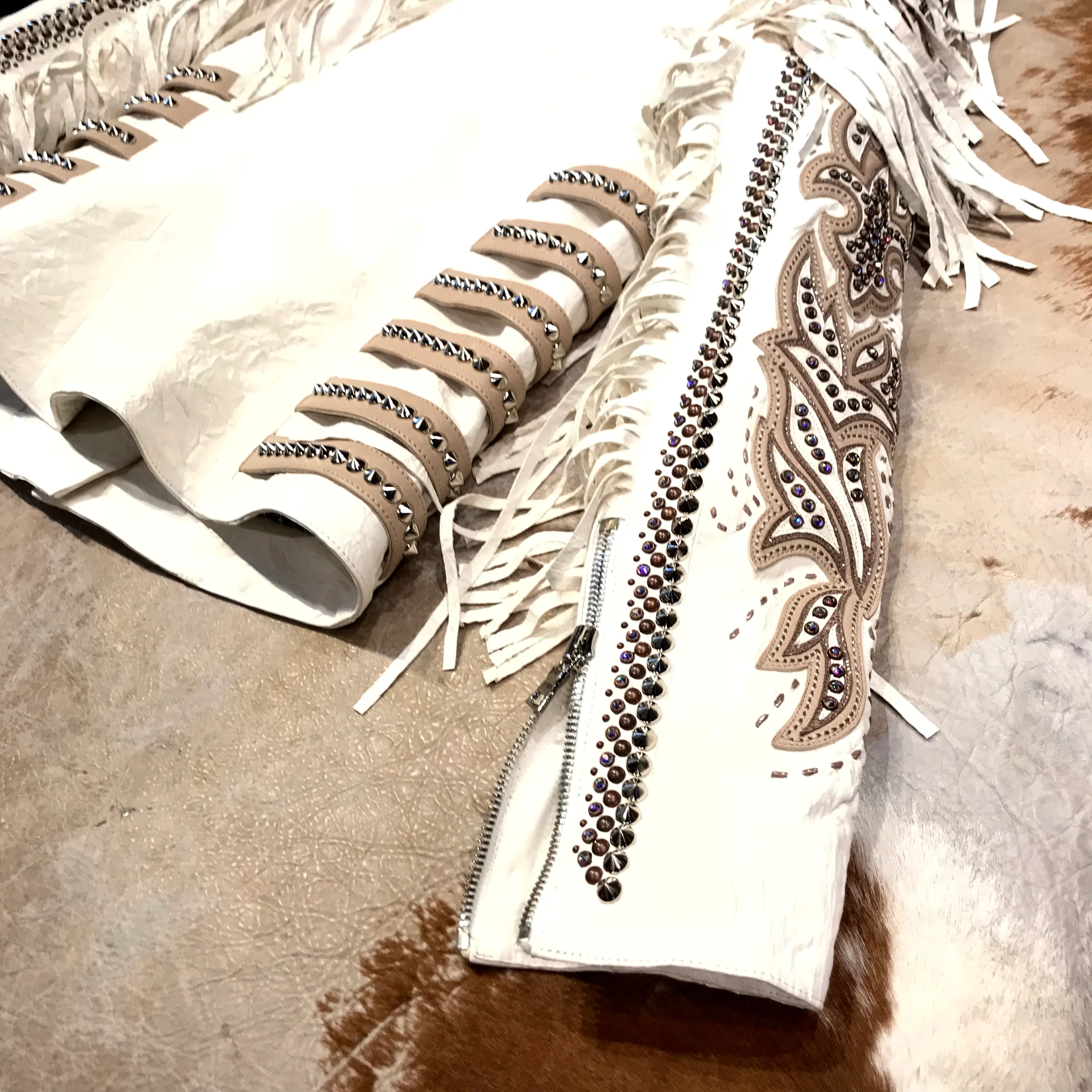 Kashani White Swarovski Crystal Lambskin Studded Fringe Jacket - Image 6