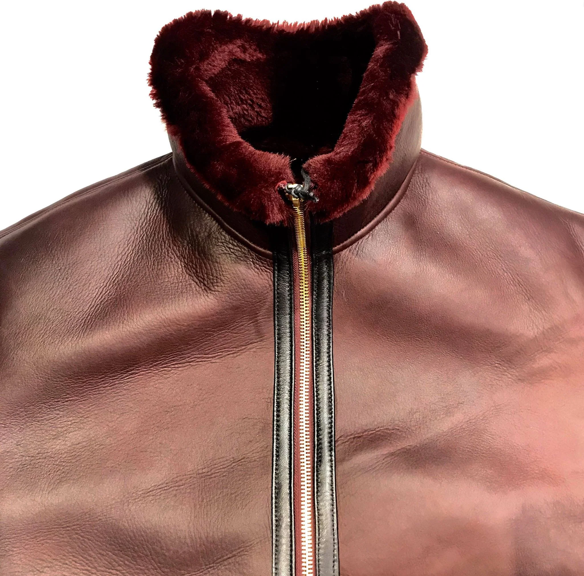 Kashani Burgundy Mouton Shearling Flight Jacket - Image 4