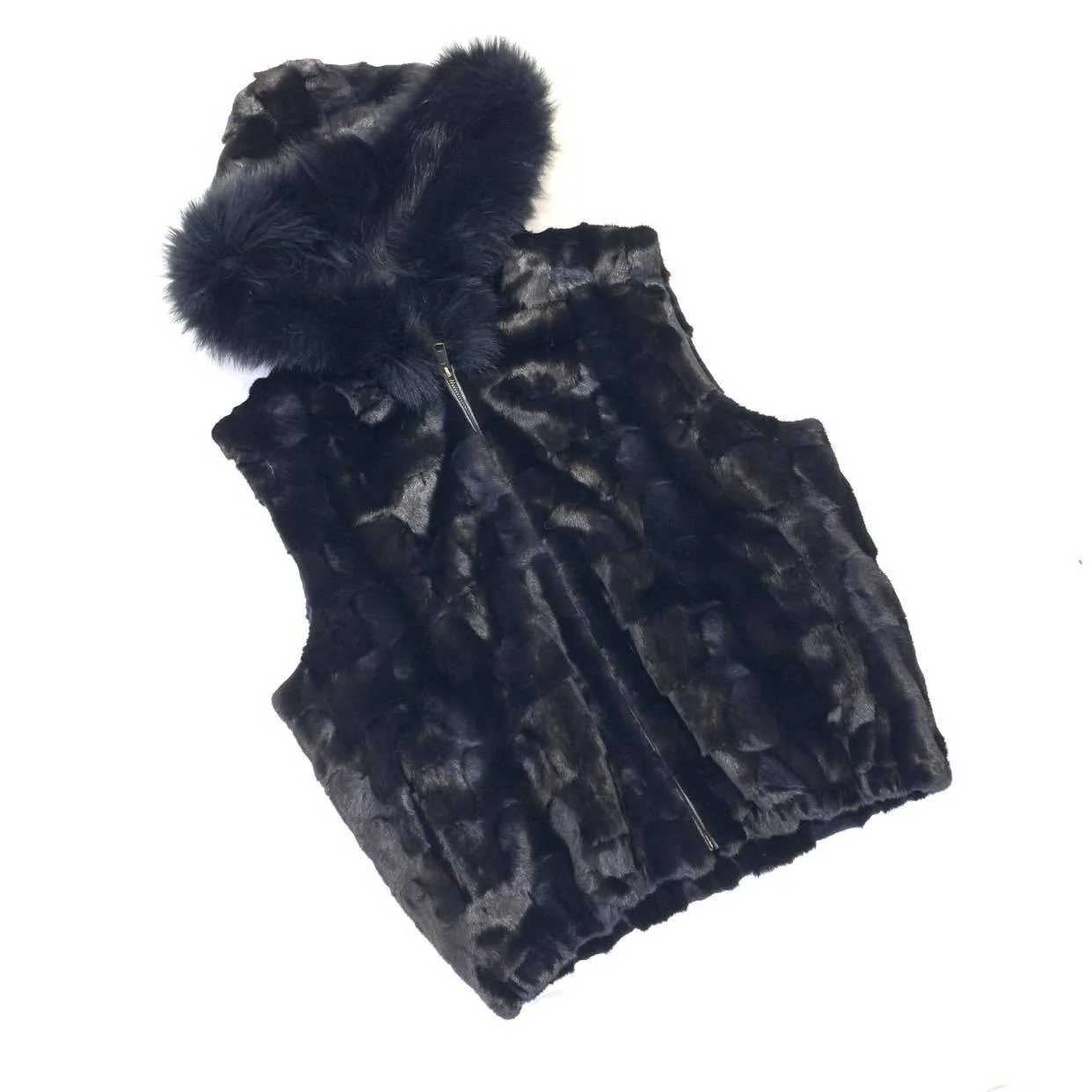 Kashani Black Mink Diamond Cut Fox Fur Hooded Vest - Image 2