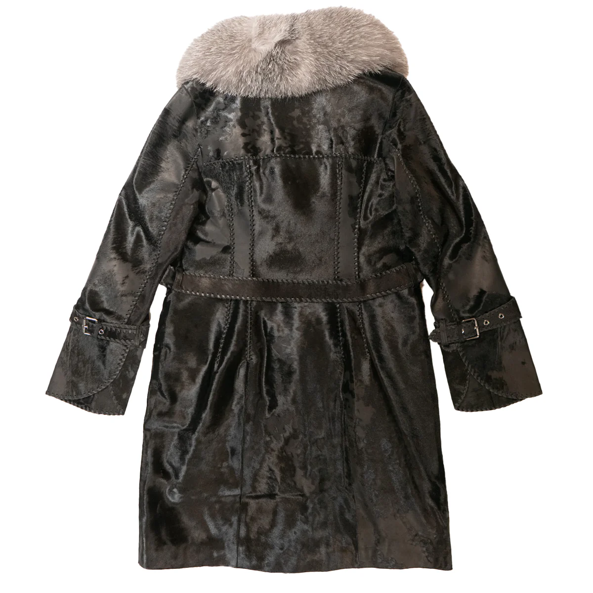 Kashani Women's Black Distressed Pony Hair Silver Fox Fur Trench Coat - Image 2