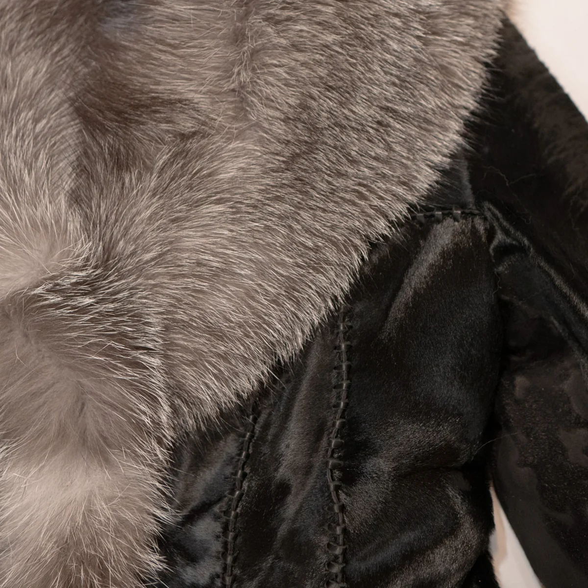 Kashani Women's Black Distressed Pony Hair Silver Fox Fur Trench Coat - Image 3