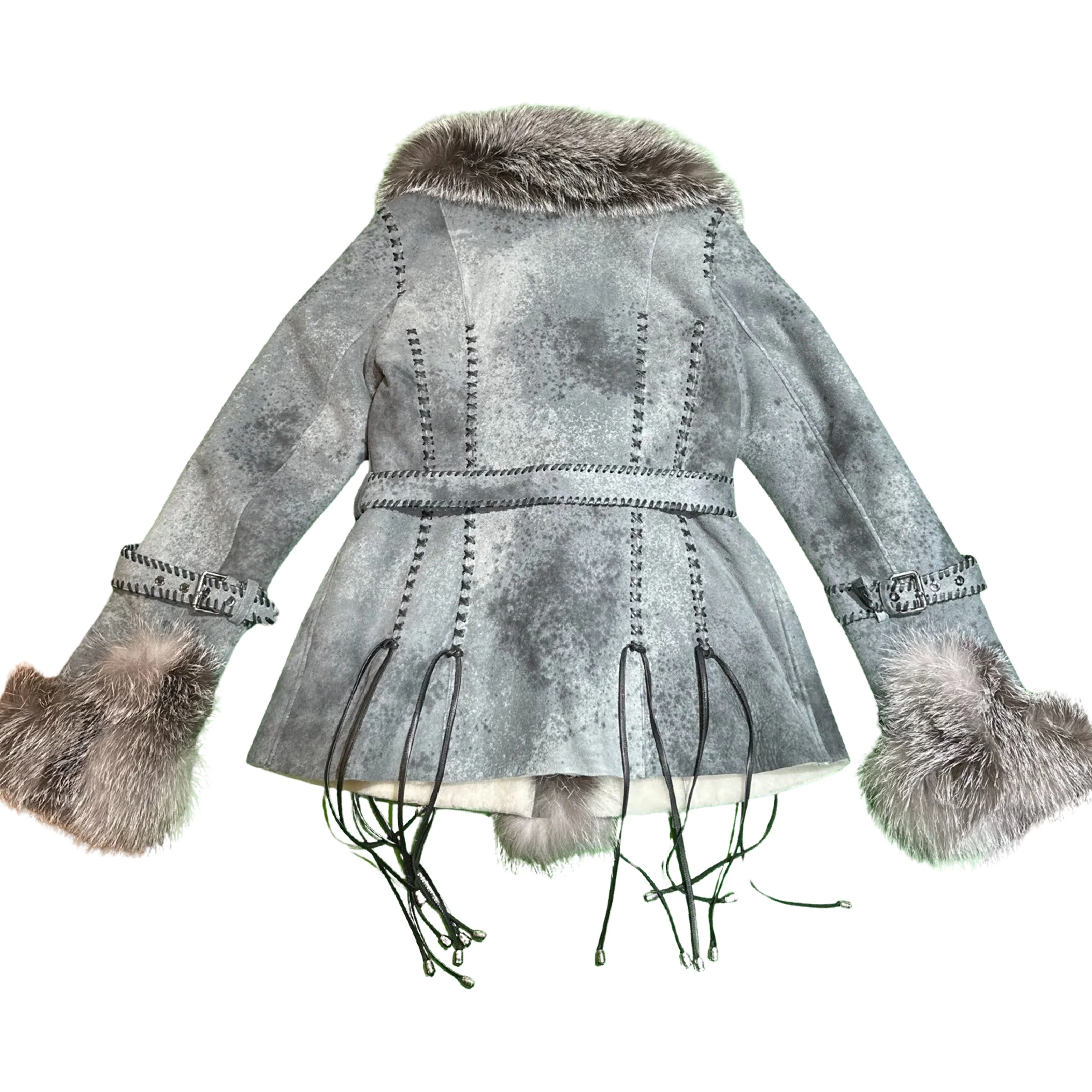 Kashani Women's Grey Hand Woven Silver Fox Fur Shearling Coat - Image 3