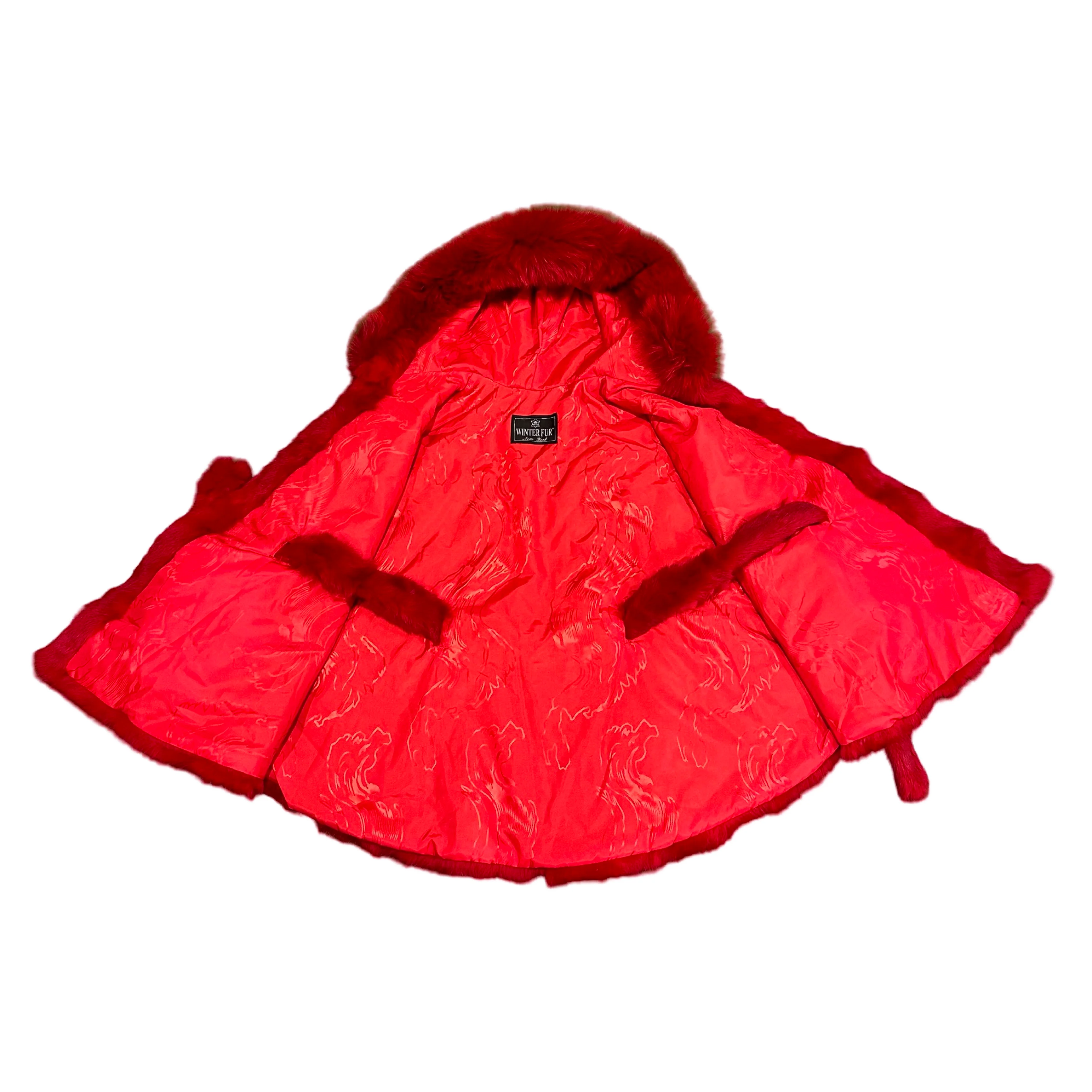 Kashani Women's Red Rabbit Fur Hooded Poncho - Image 3