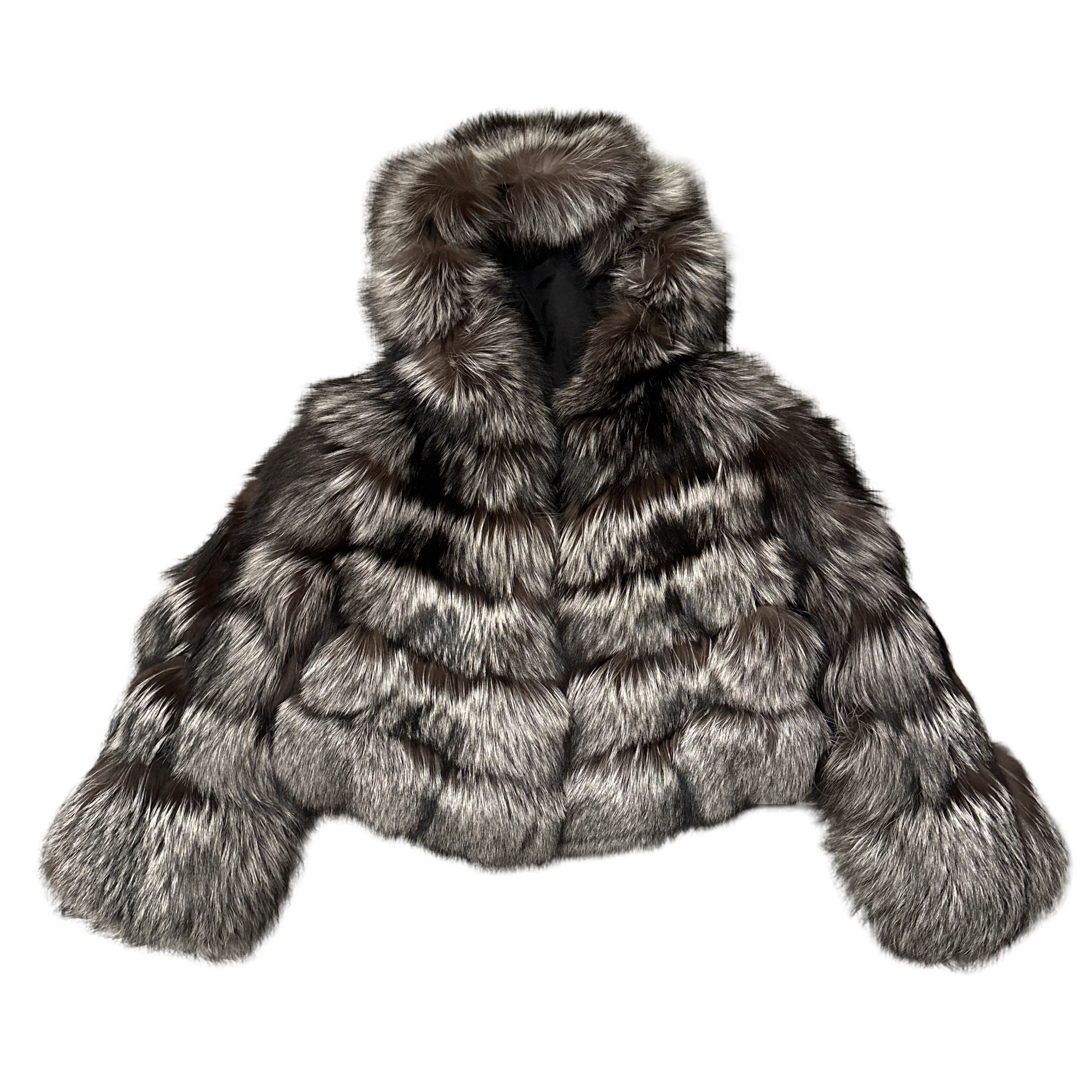 Kashani Women's Silver Fox Fur Hooded Copped Jacket