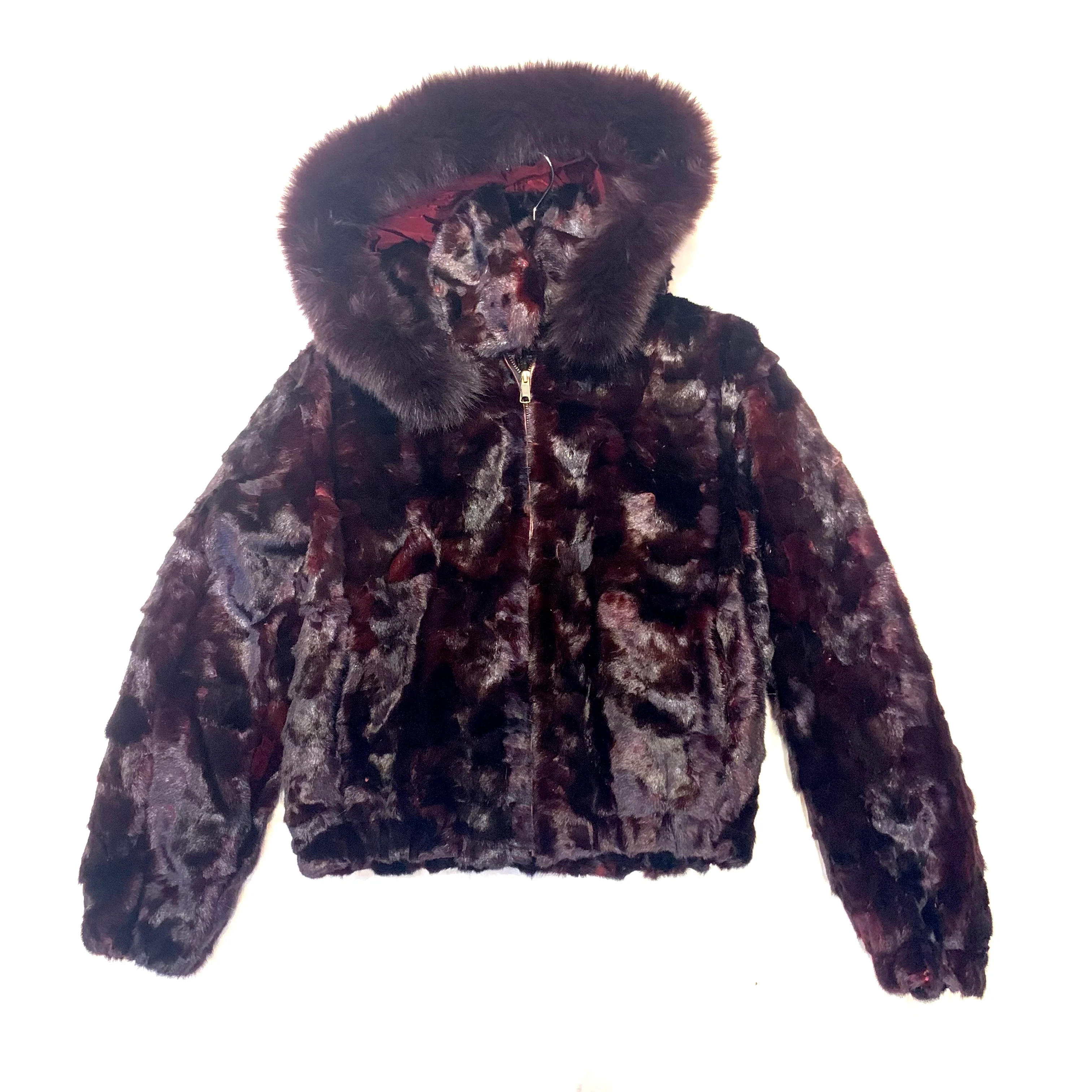 Kashani Women's Wine Diamond Cut Mink Hooded Bomber Jacket