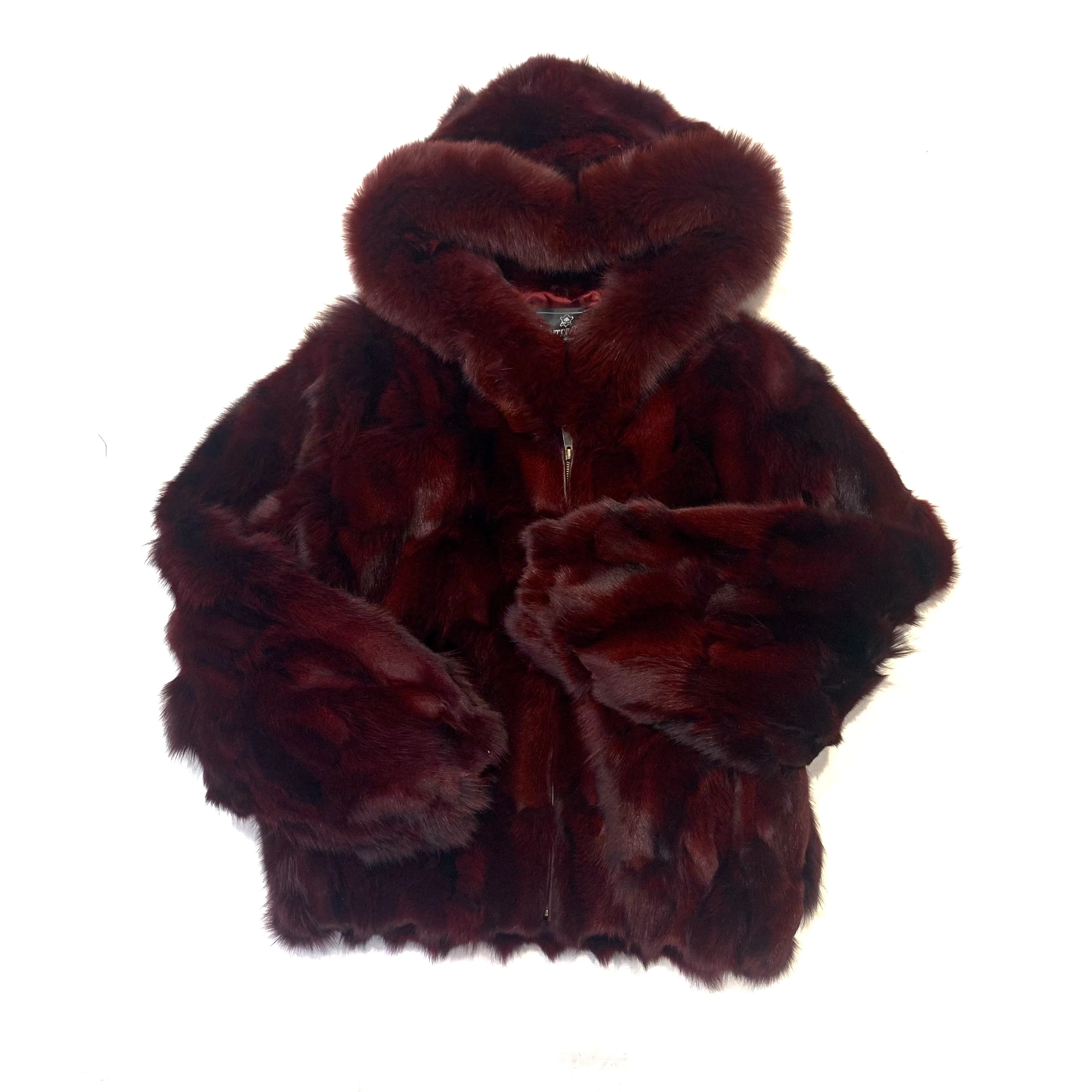 Kashani Women's Wine Full Fox Fur Hooded Bomber Coat - Image 3