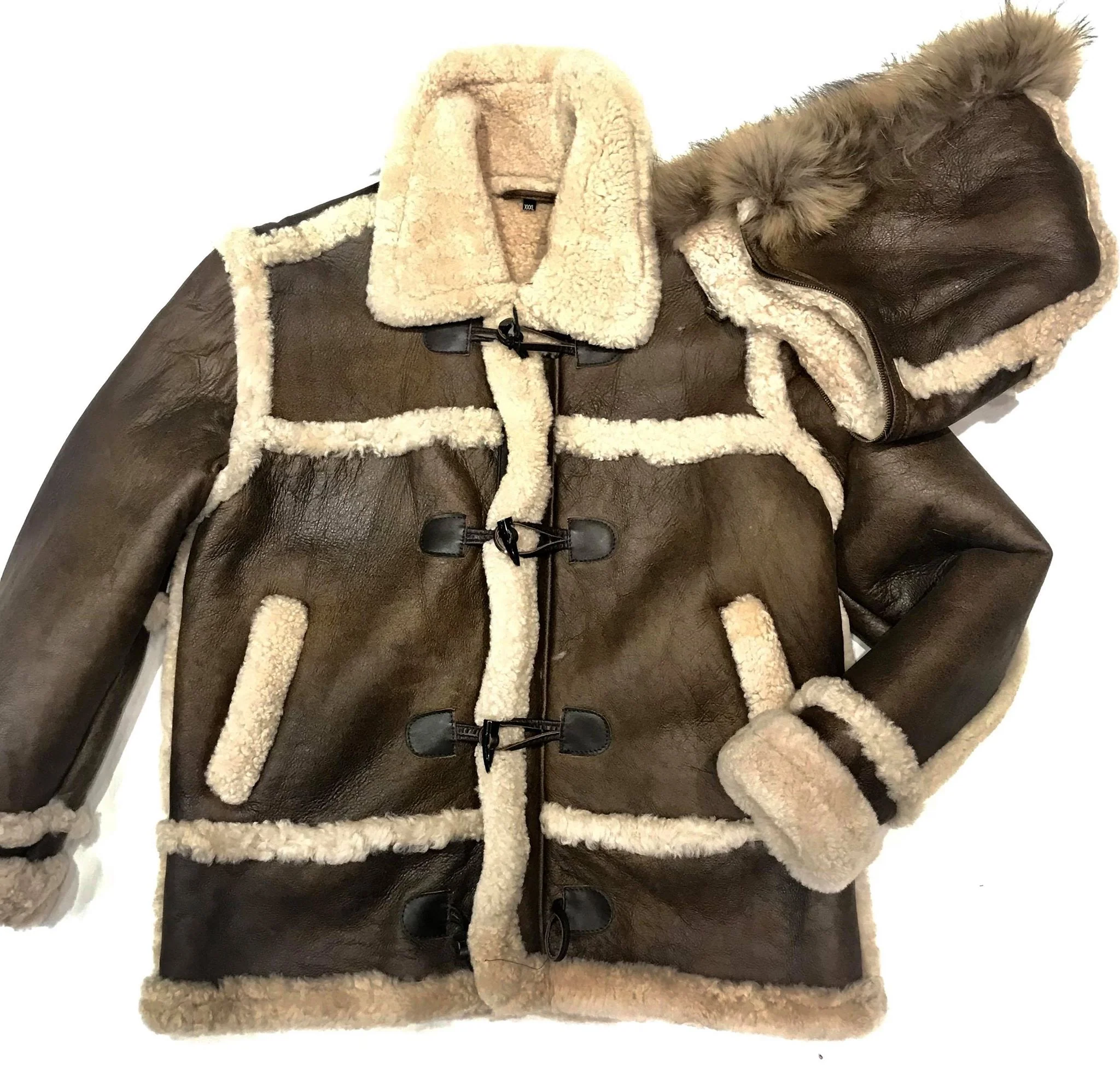 Kashani Deep Chocolate Duffel Fox Hooded Long Shearling Jacket - Image 4