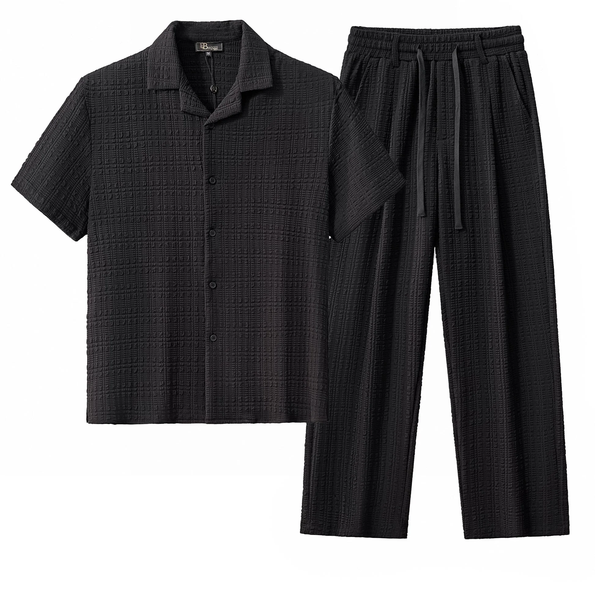 Loft Set – Textured Short Sleeve Shirt & Pant BLACK