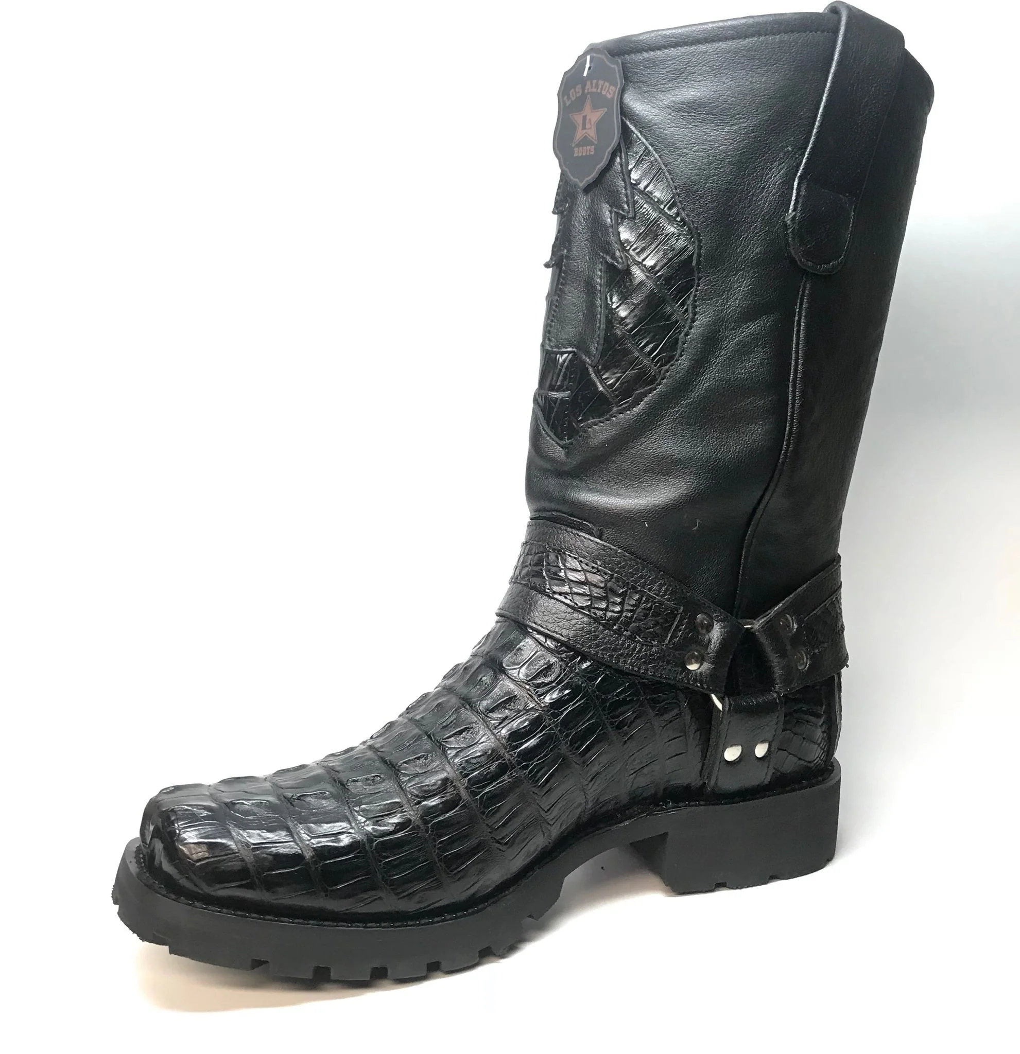 Los Altos Black Harness Crocodile Biker Boots - Image 3