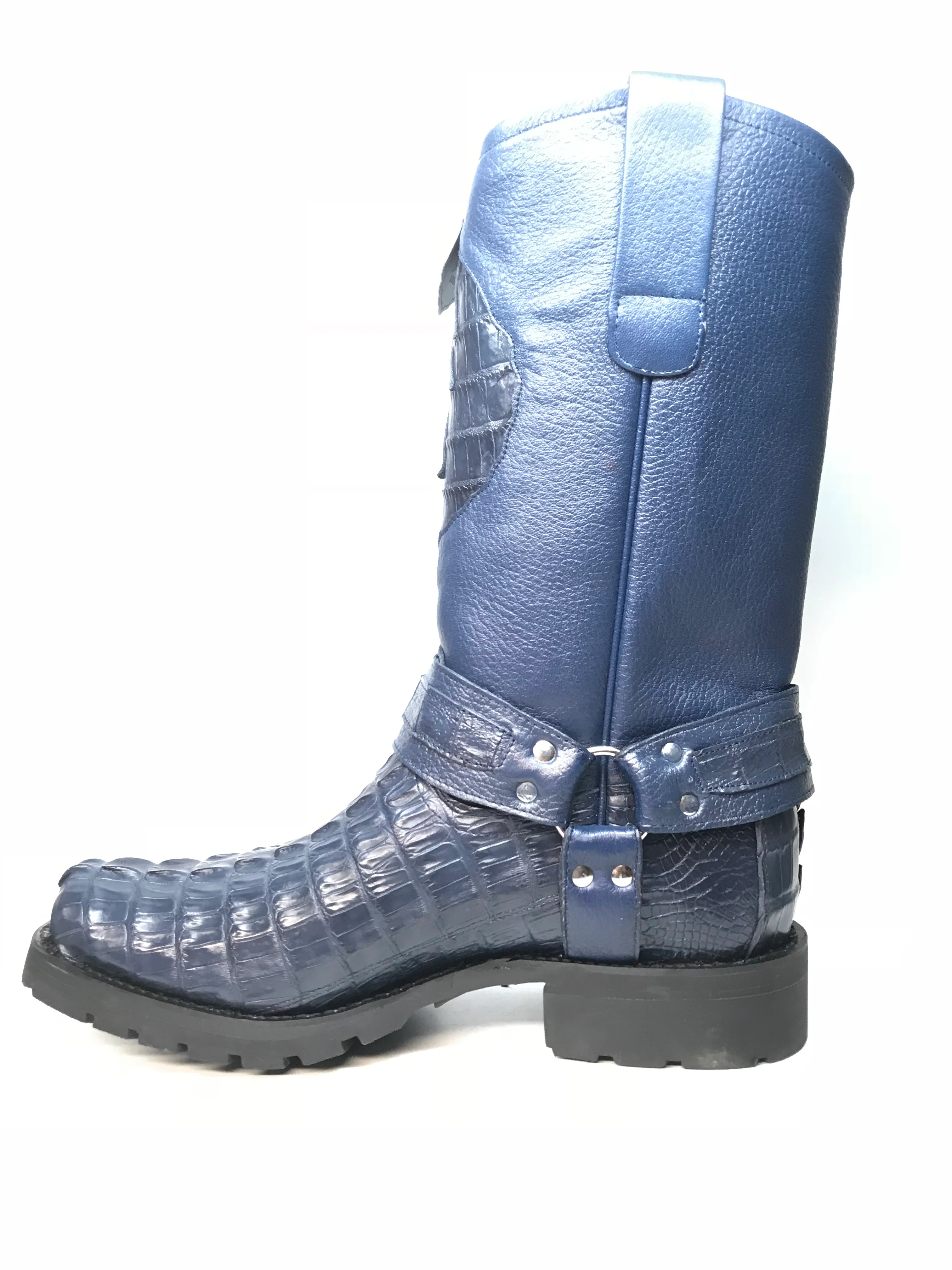 Los Altos Harness Navy Crocodile Biker Boots - Image 4