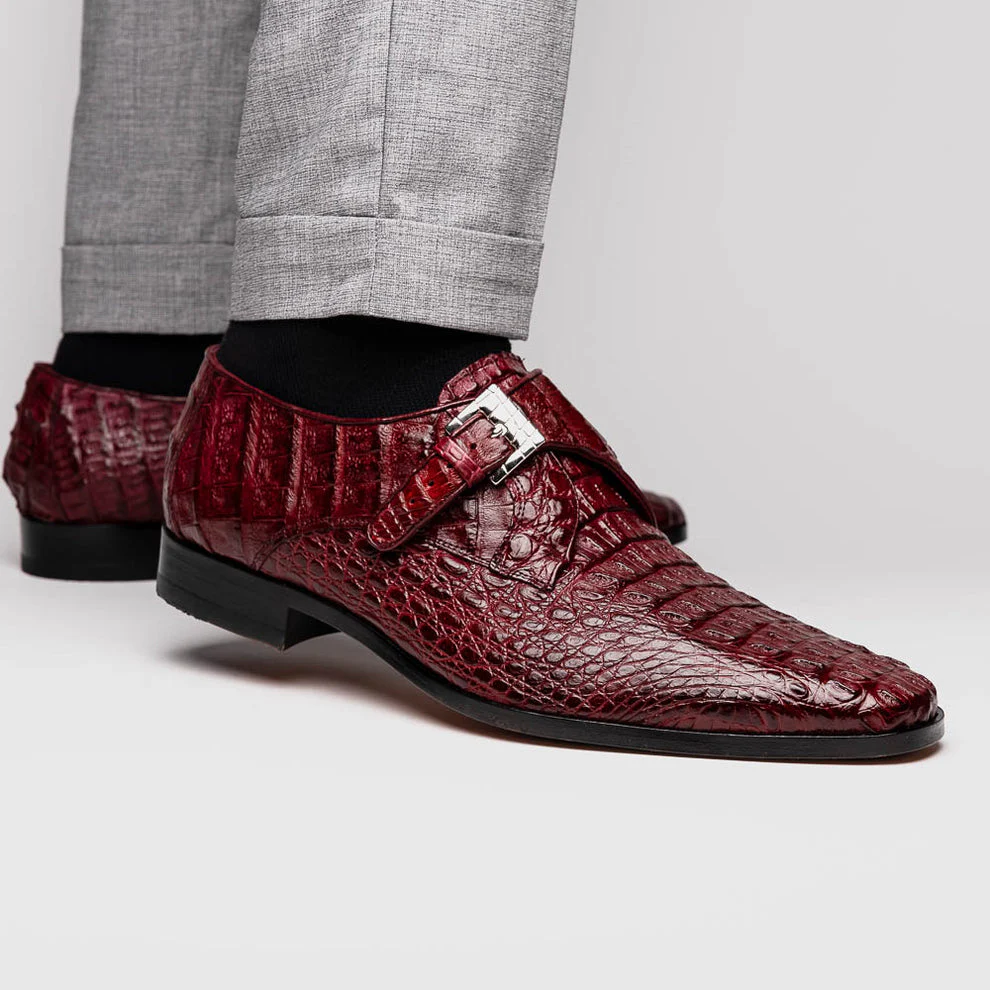 Marco Di Milano Luigi Wine Caiman Crocodile Monk Strap Dress Shoes - Image 6