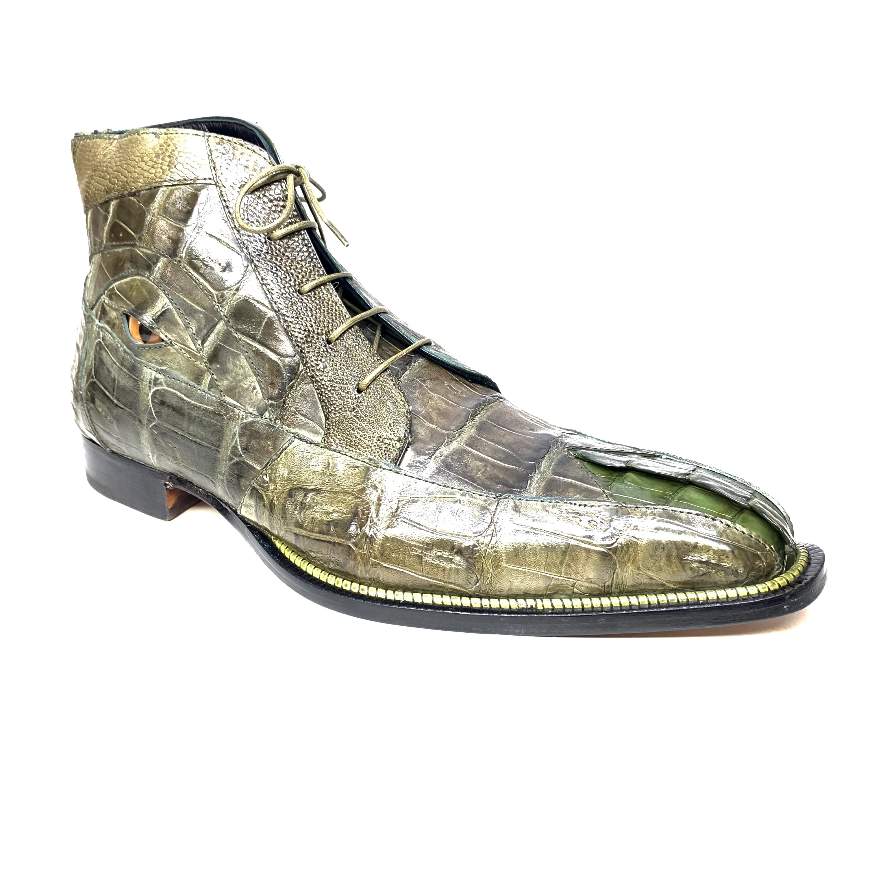 Mauri-3079 "Eye" Olive Green Alligator Tail / Ostrich Leg Dress Ankle Boots