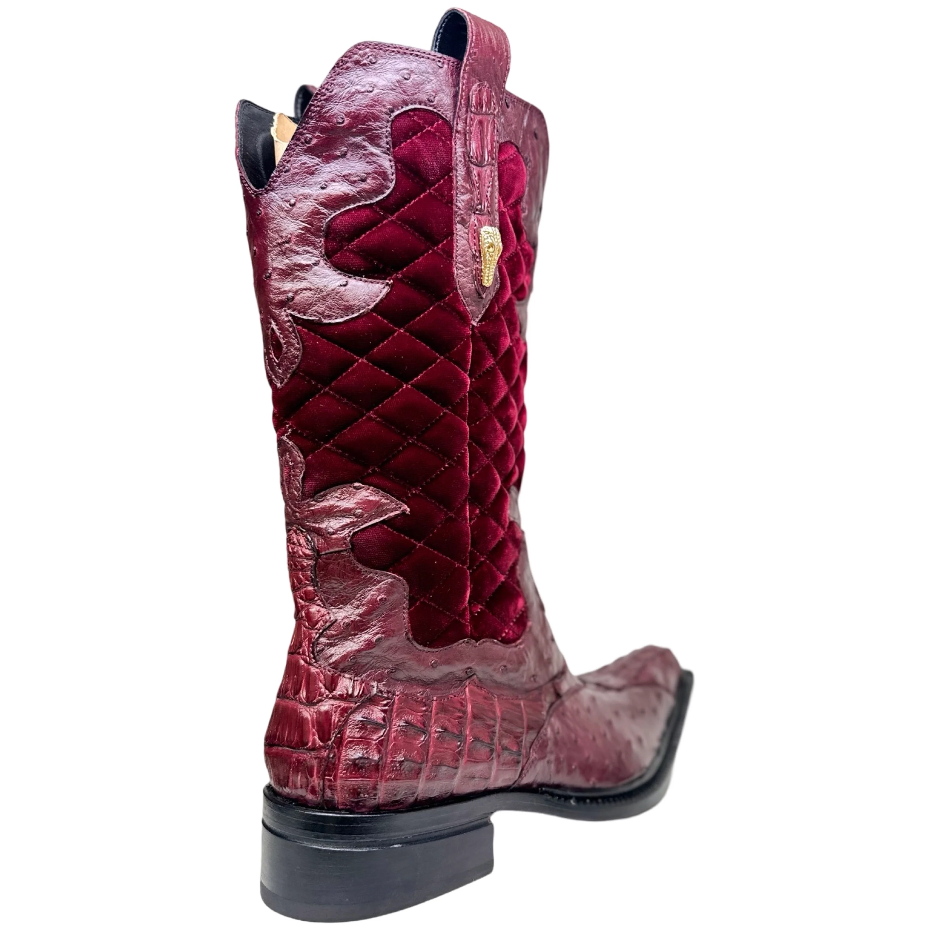 Mauri 42672/1 Ruby Red Quilted Velvet Hornback Crocodile / Ostrich Quill Cowboy Boots - Image 3