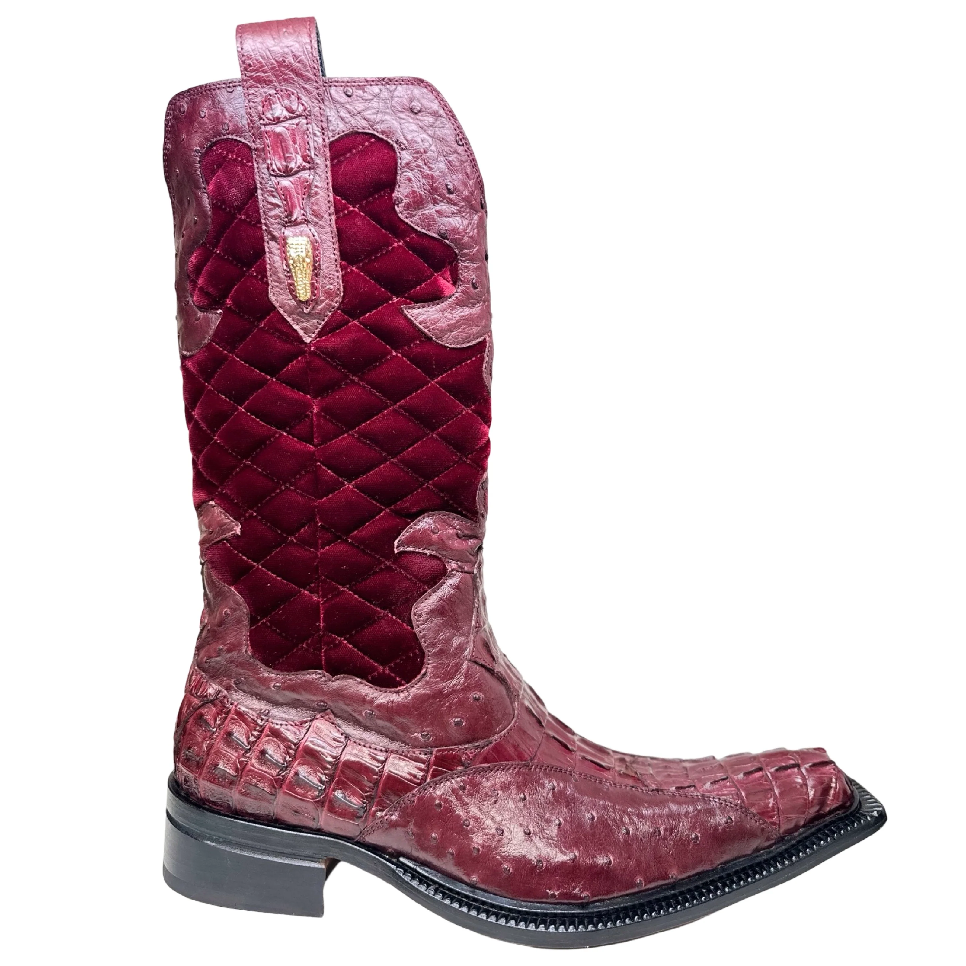 Mauri 42672/1 Ruby Red Quilted Velvet Hornback Crocodile / Ostrich Quill Cowboy Boots - Image 8