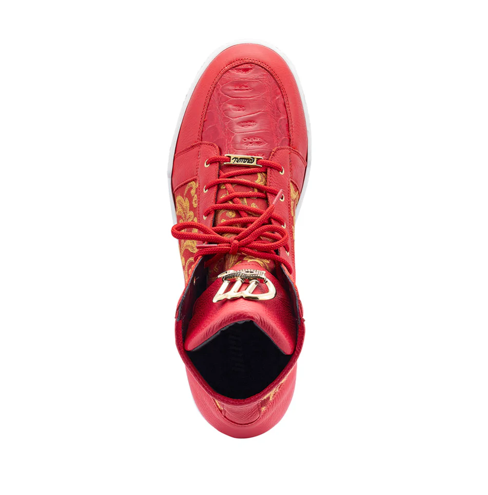 Mauri 8437 Red/Gold Baby Crocodile + Fabric High-Top Sneakers - Image 3