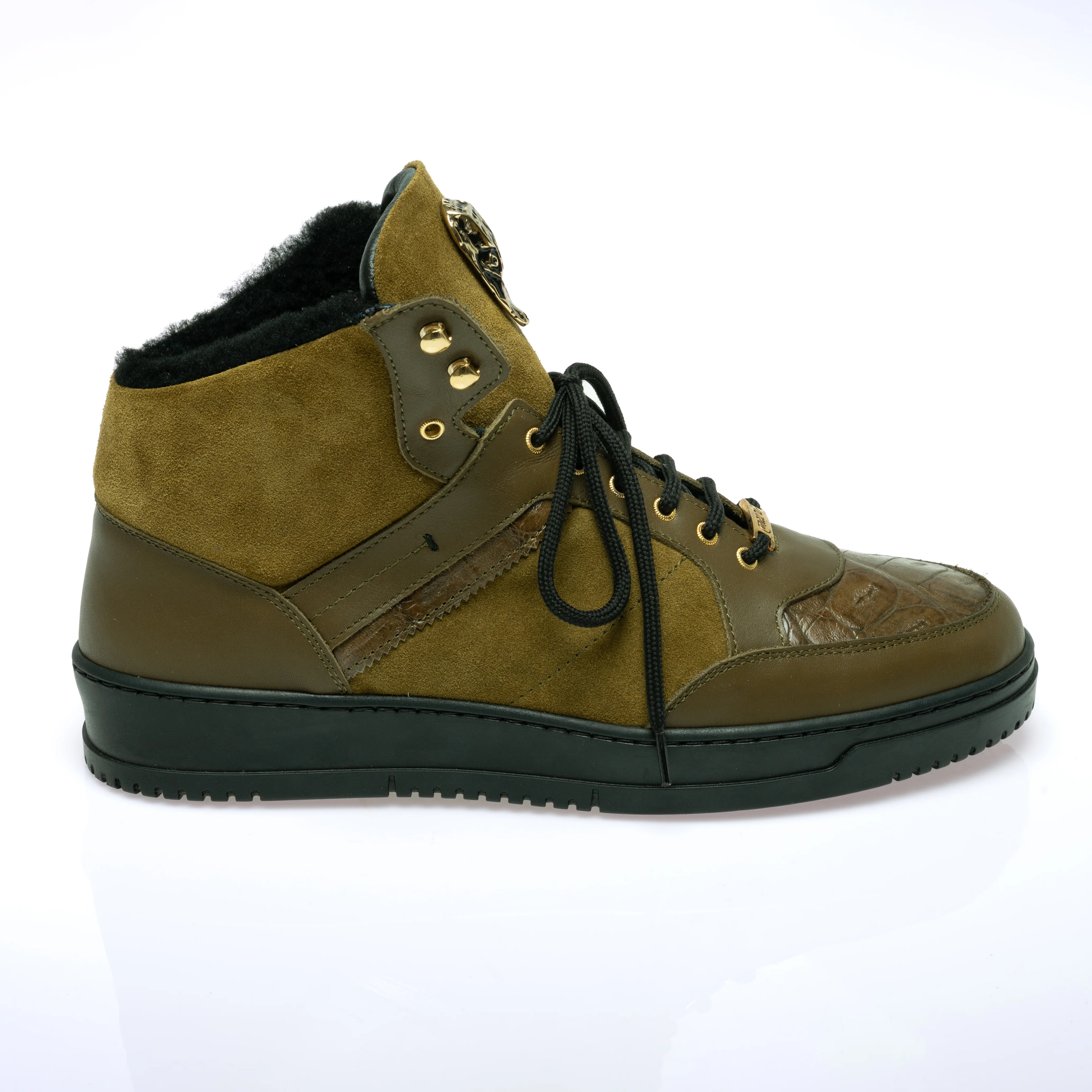 Mauri 8496 Olive Green Suede / Leather / Crocodile Toe Mid Top Sneakers - Image 3