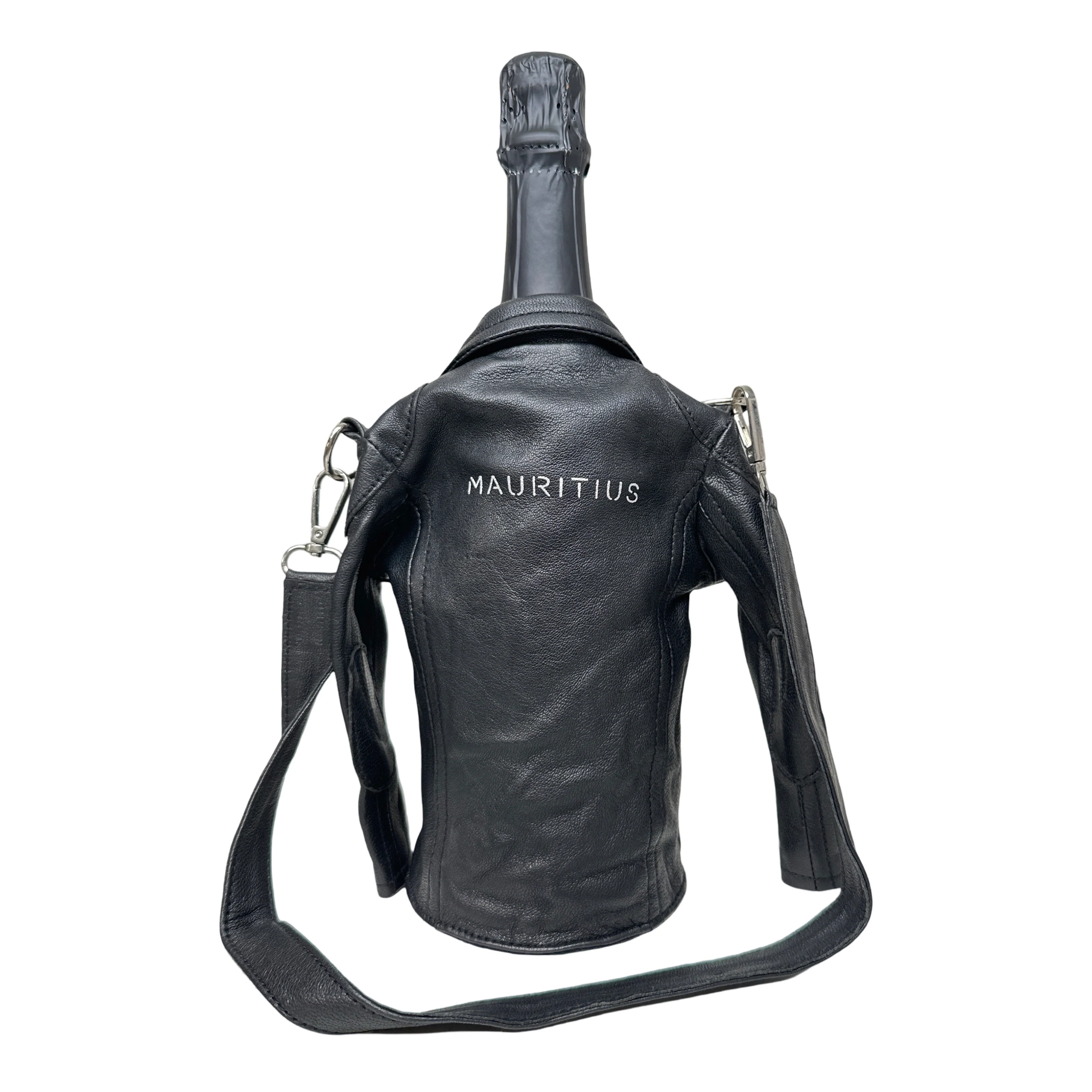 Mauritius Black Biker Jacket Wine Bottle Holder - Image 2