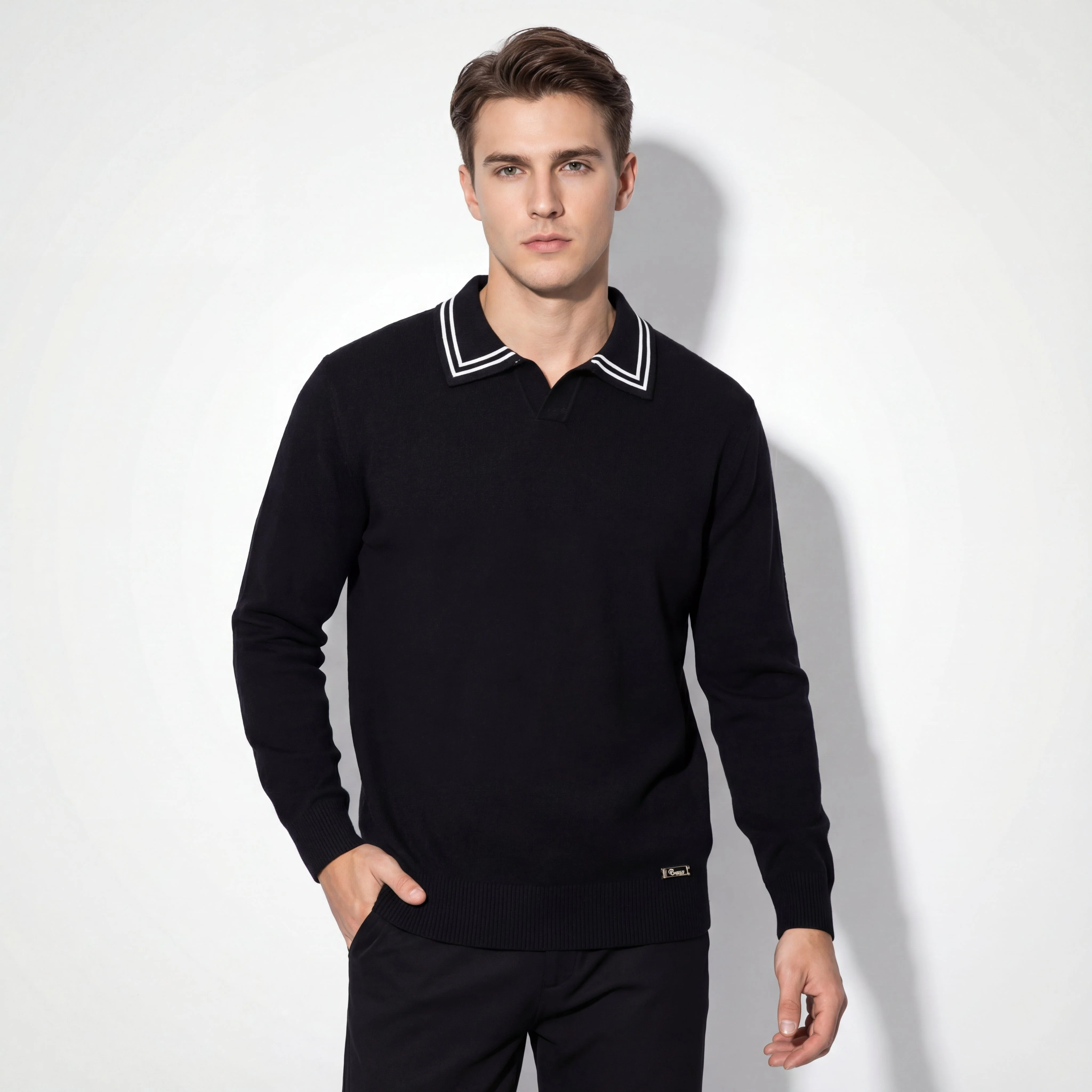 Monarch Tipped Collar Knit Polo LS BLACK - Image 2