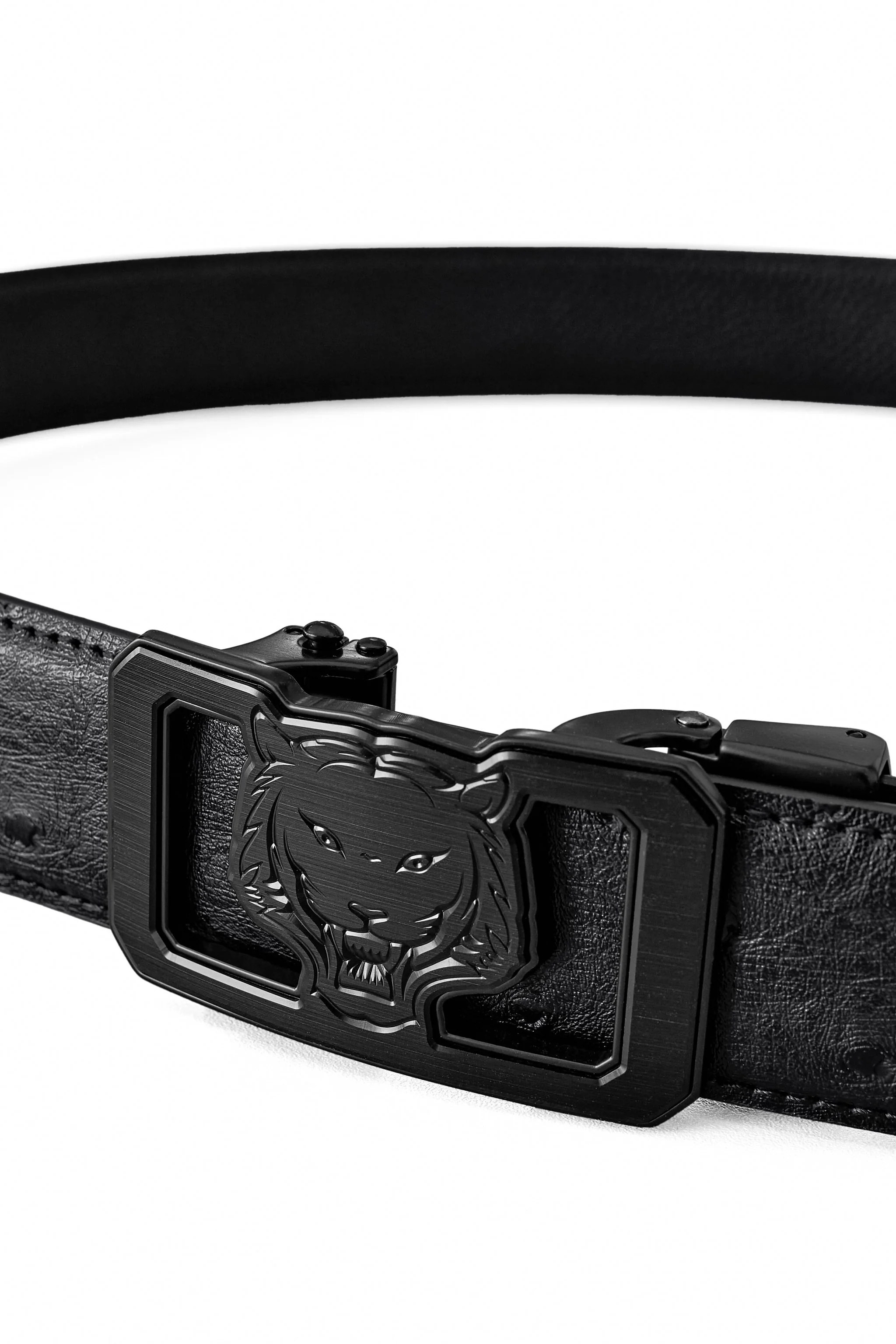 Ostrich-Emb. Leather Lion Auto BKL Belt – Blackout BLACK/BLACK - Image 2