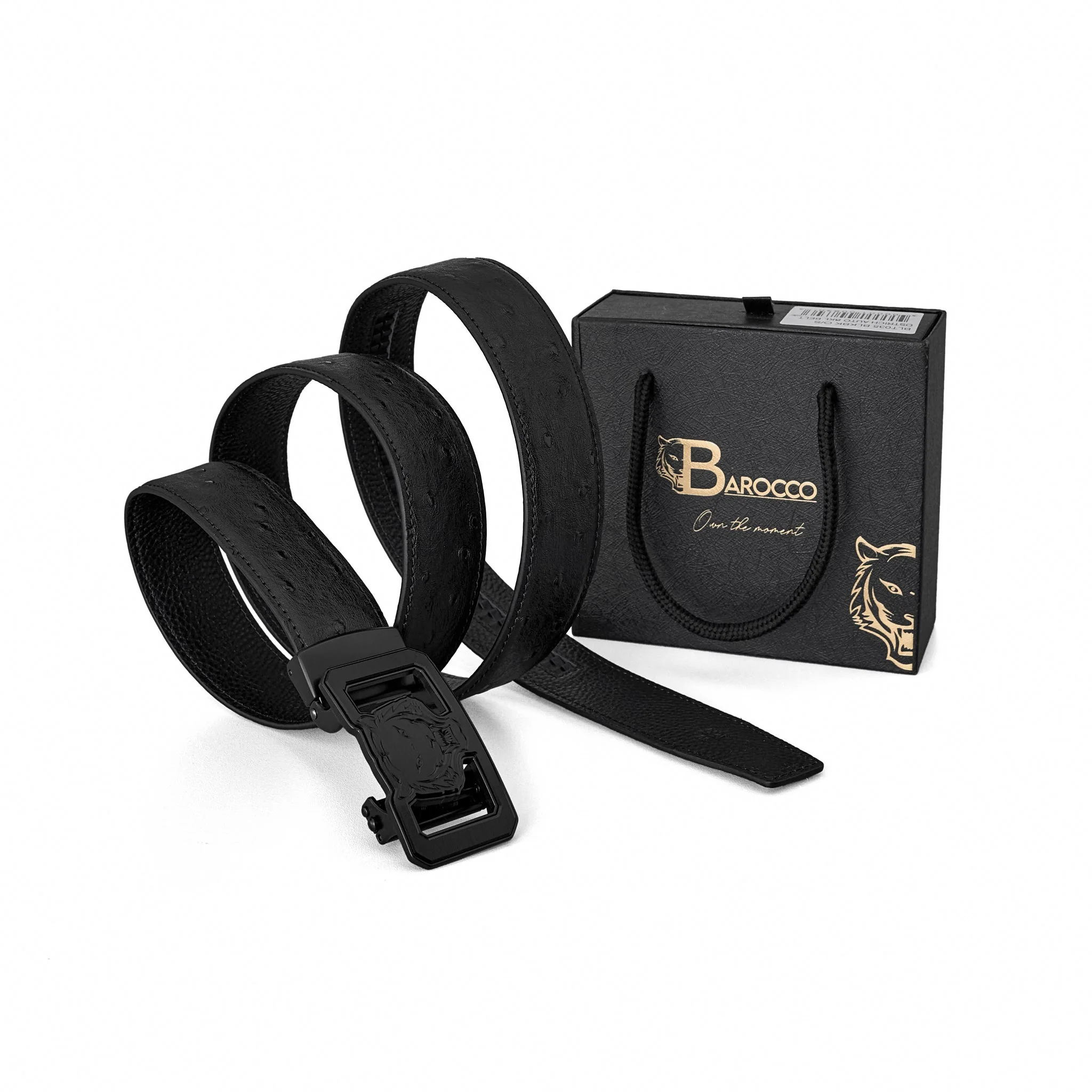 Ostrich-Emb. Leather Lion Auto BKL Belt – Blackout BLACK/BLACK - Image 7