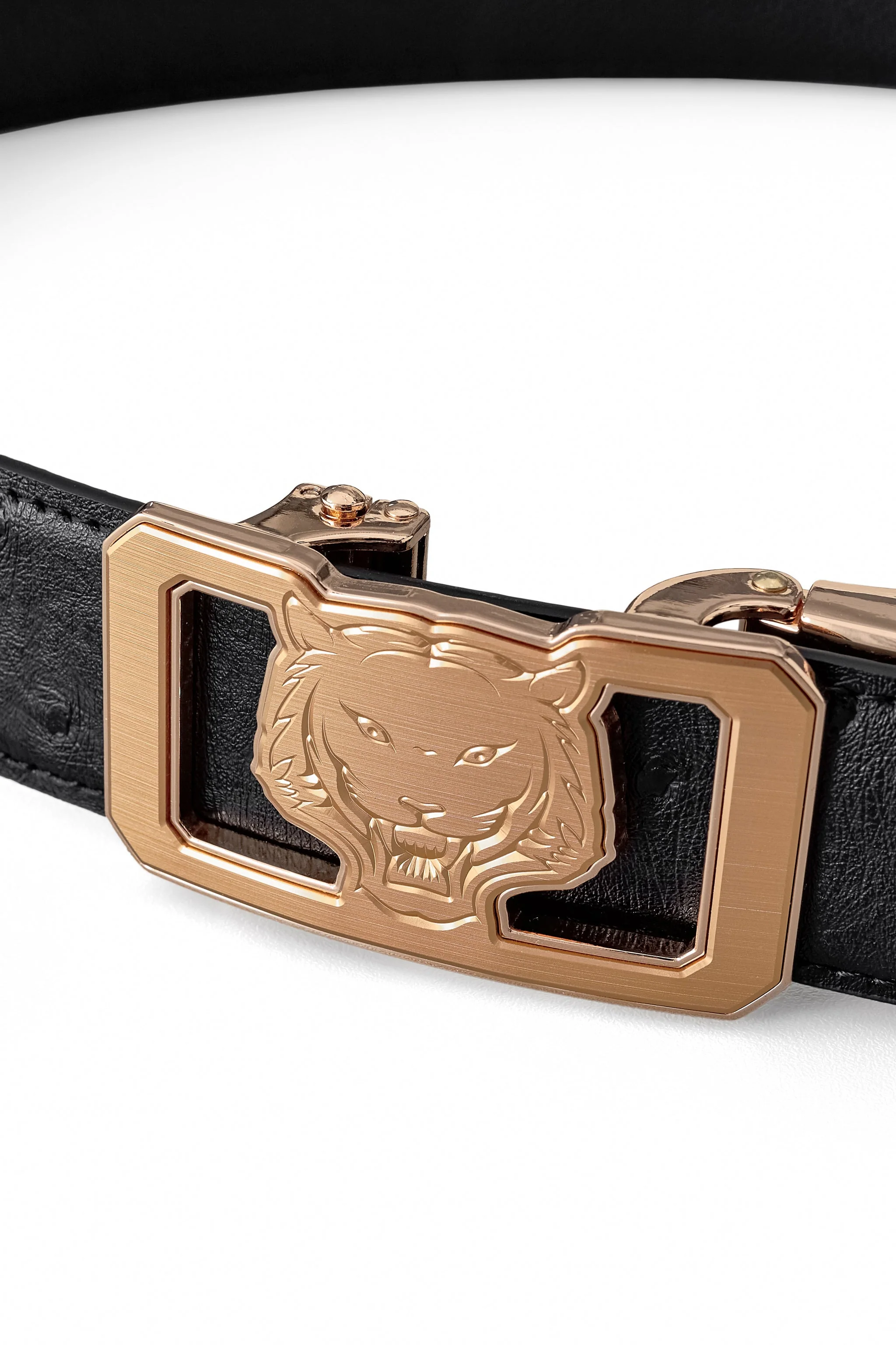 Ostrich-Emb. Leather Lion Auto BKL Belt – Gold Ed. GOLD/BLACK - Image 2