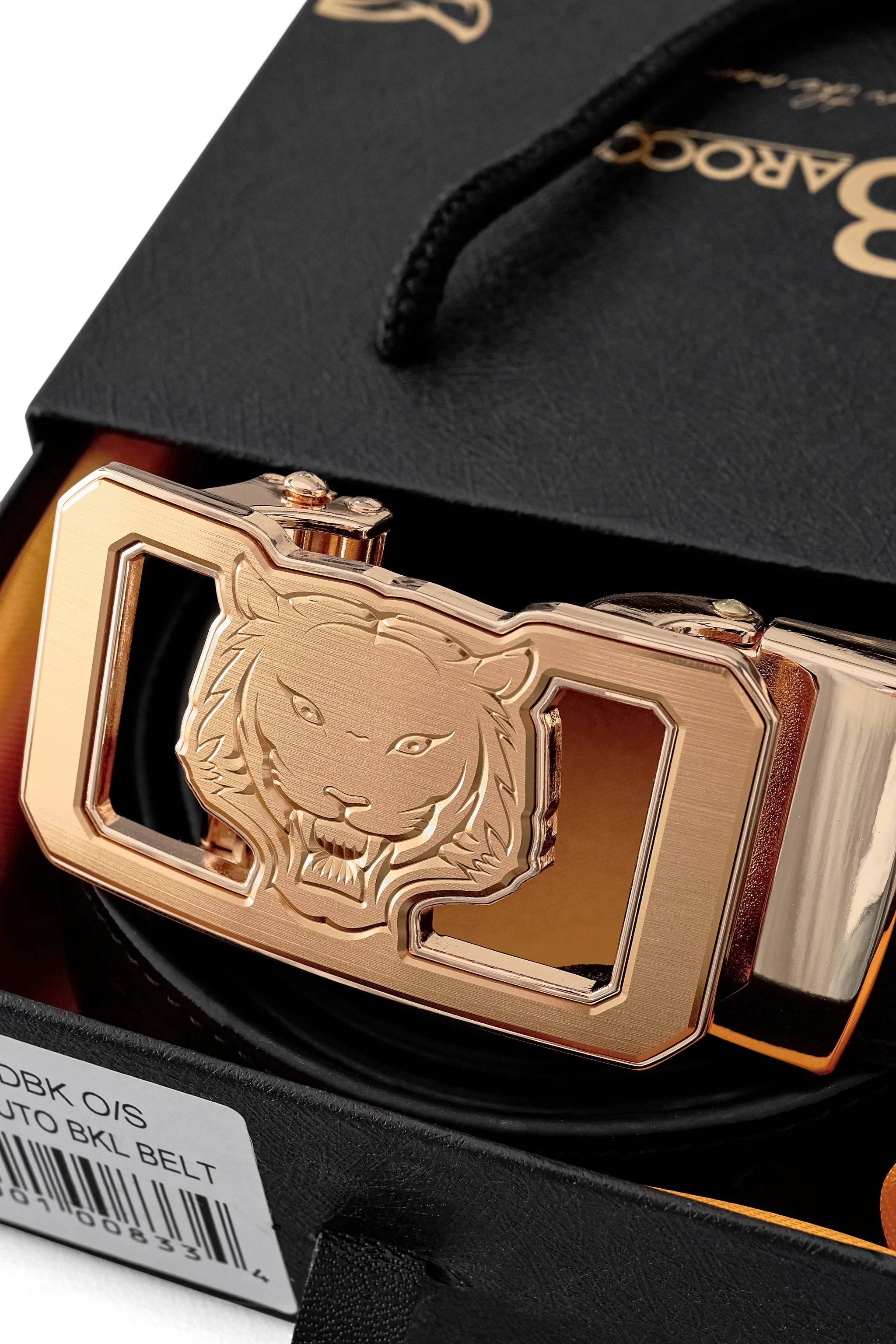Ostrich-Emb. Leather Lion Auto BKL Belt – Gold Ed. GOLD/BLACK - Image 6