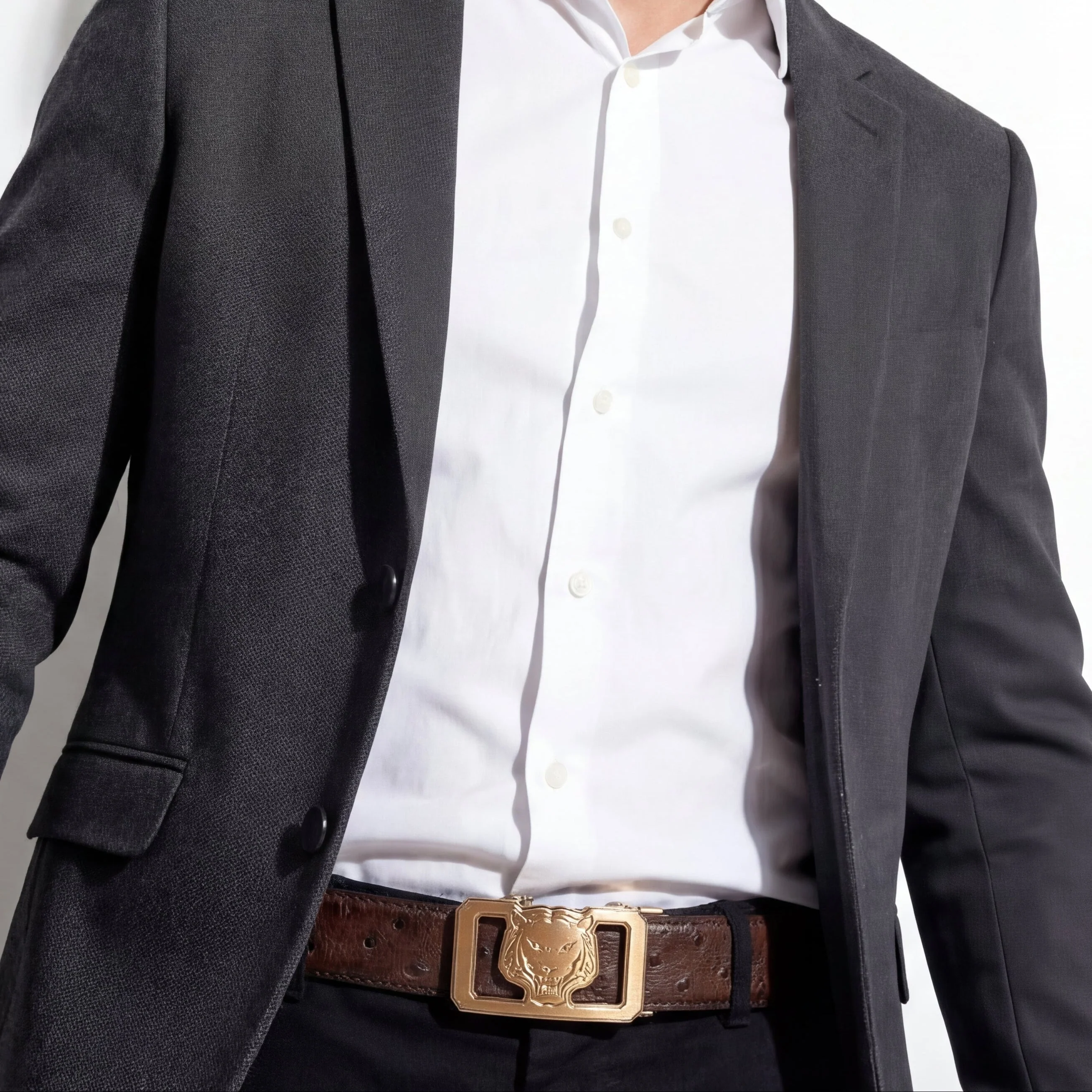 Ostrich-Emb. Leather Lion Auto BKL Belt – Gold Ed. GOLD/COFFEE - Image 2