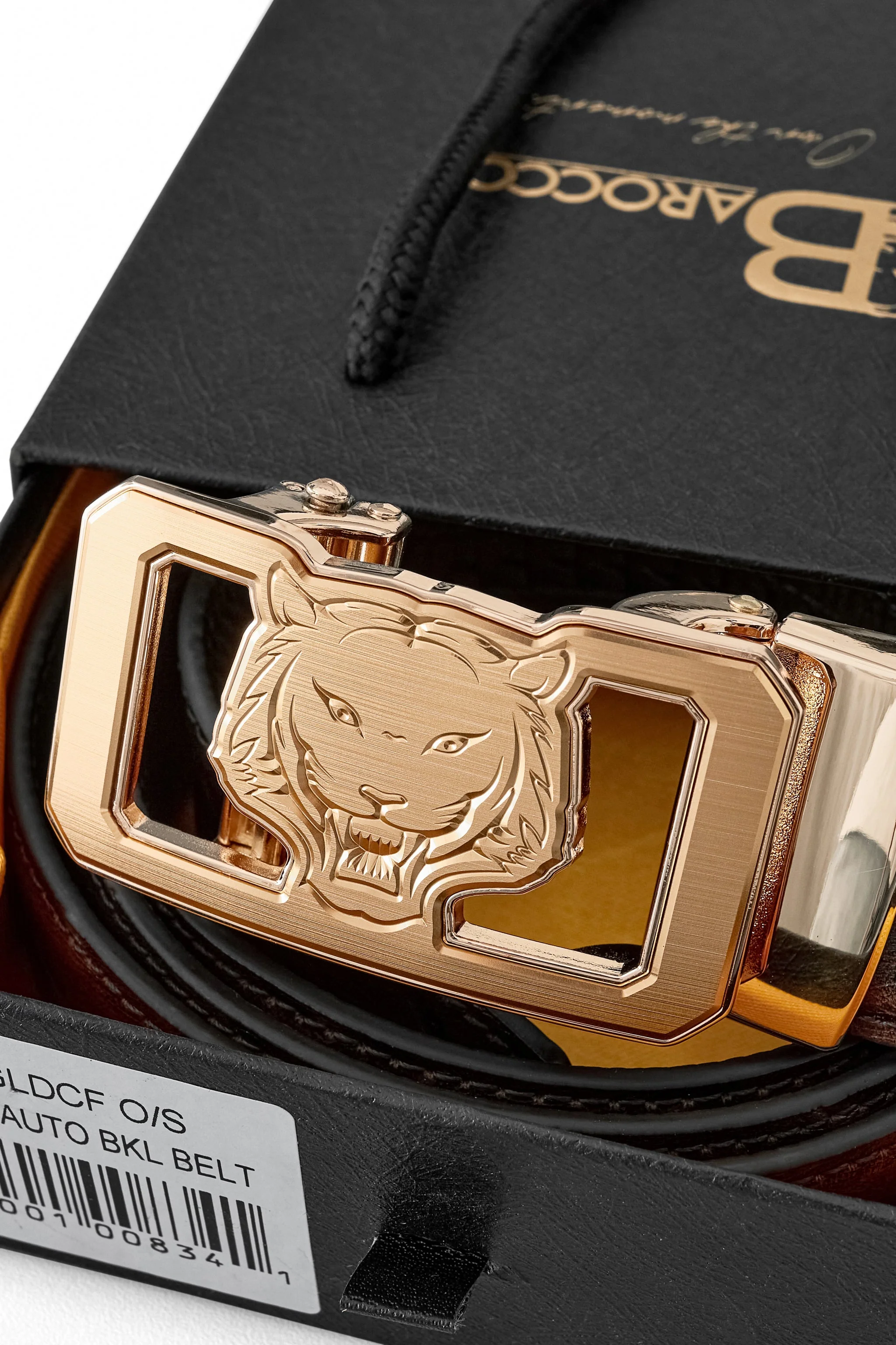 Ostrich-Emb. Leather Lion Auto BKL Belt – Gold Ed. GOLD/COFFEE - Image 7