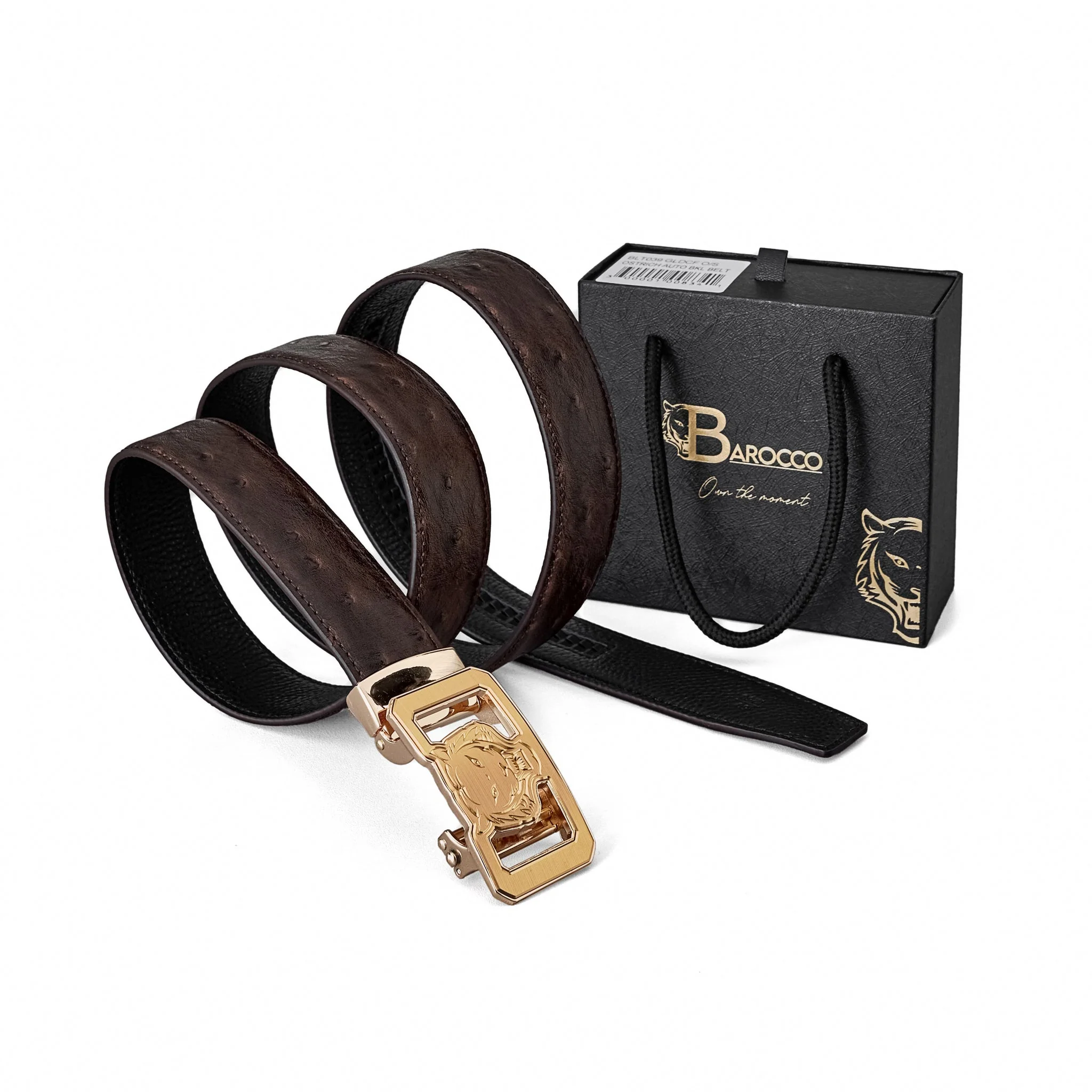 Ostrich-Emb. Leather Lion Auto BKL Belt – Gold Ed. GOLD/COFFEE - Image 8