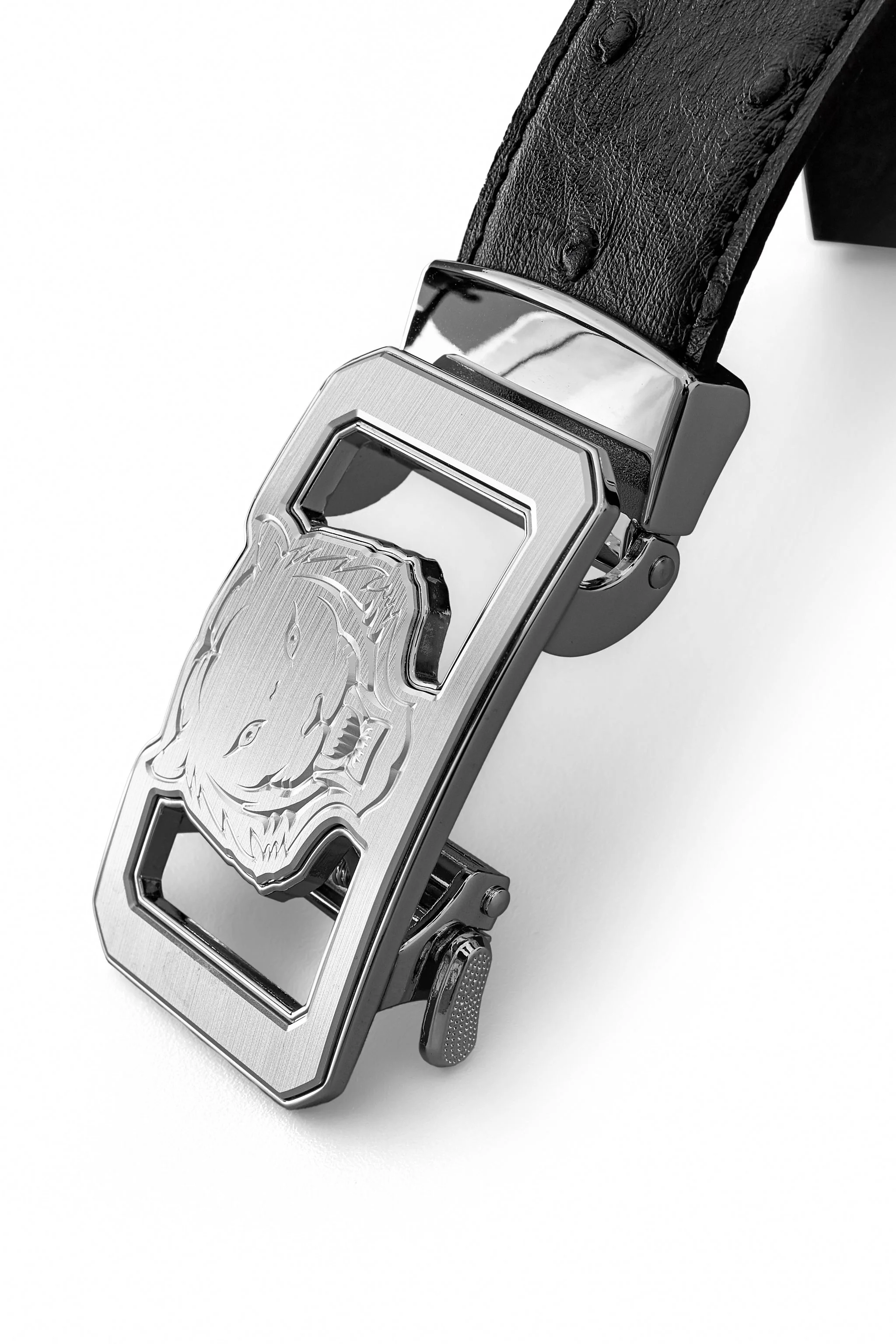Ostrich Leather Lion Auto BKL Belt – Silver Ed. SILVER/BLACK - Image 3