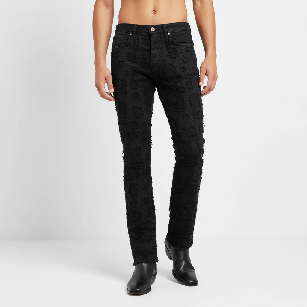 Patchwork Distressed Heritage Fit Denim Jeans -Century Penthouse BLACK - Image 2