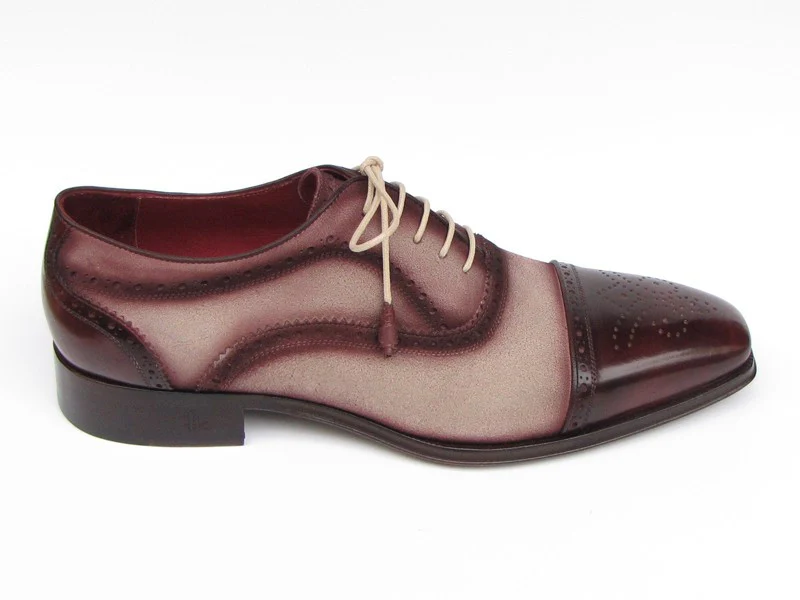 Paul Parkman Captoe Oxfords- Bordeaux/Beige Hand-Painted Suede Upper And Leather Sole - Image 5