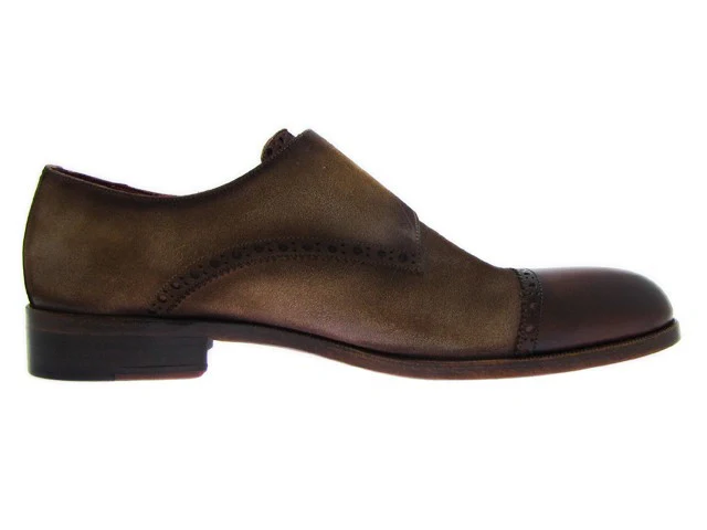 Paul Parkman Double Monkstrap Captoe Dress Shoe- Brown/ Beige Suede Upper And Leather Sole - Image 2