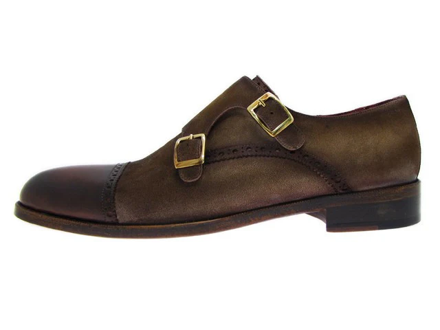 Paul Parkman Double Monkstrap Captoe Dress Shoe- Brown/ Beige Suede Upper And Leather Sole - Image 3
