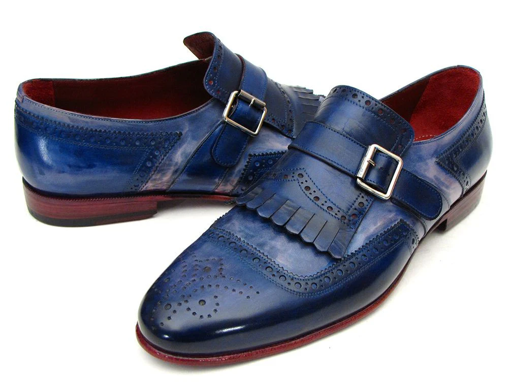 Paul Parkman Kiltie Monkstrap Shoes Dual Tone Blue Leather - Image 3