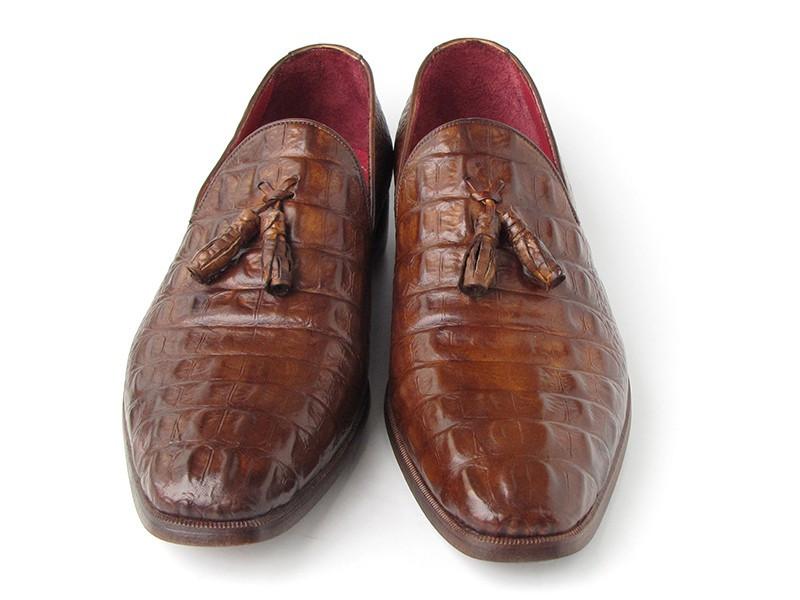Paul Parkman Men's Brown Crocodile Embossed Calfskin Tassel Loafers - Image 3