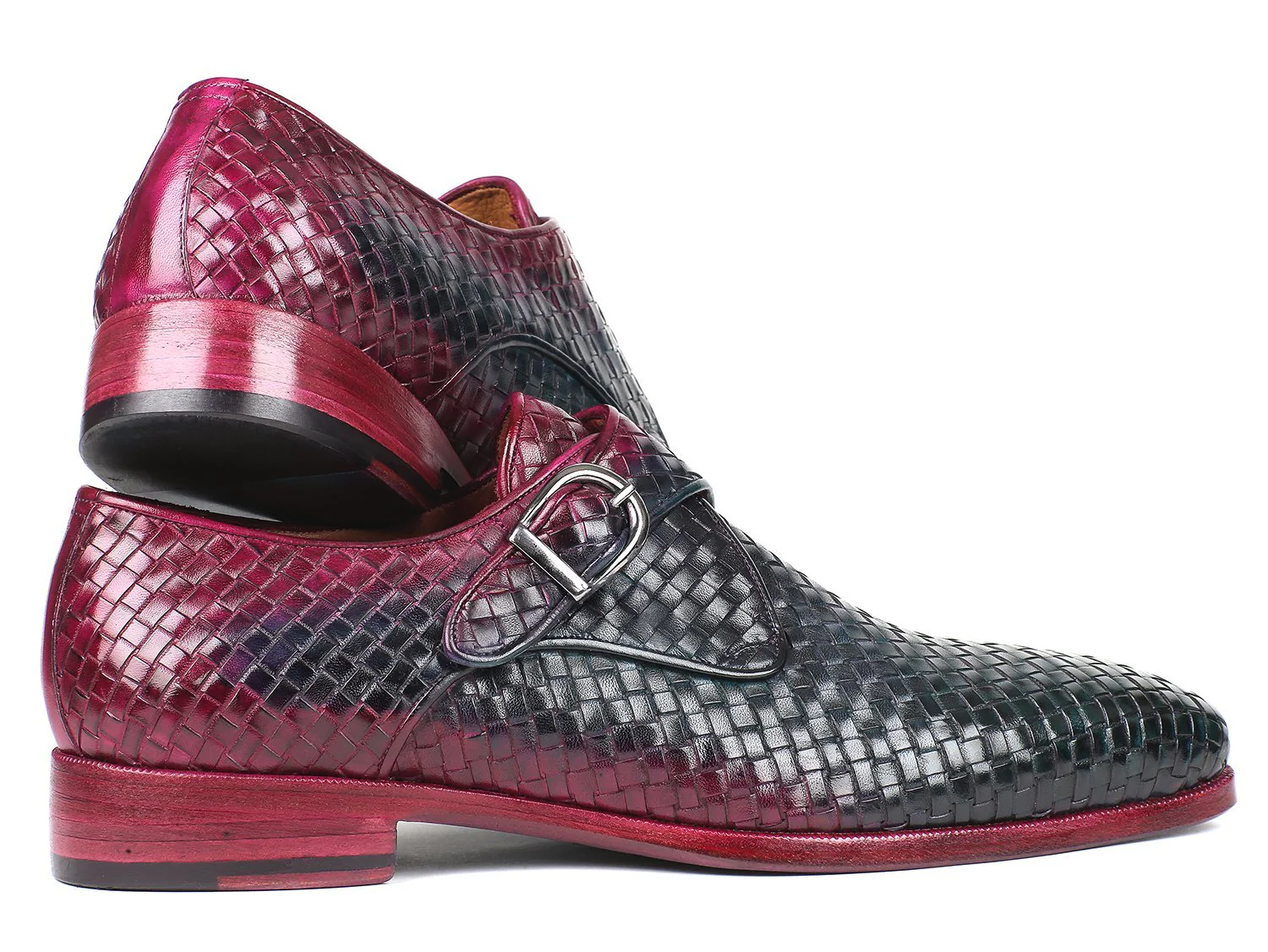 Paul Parkman Purple & Green Woven Leather Single Monkstraps - Image 4