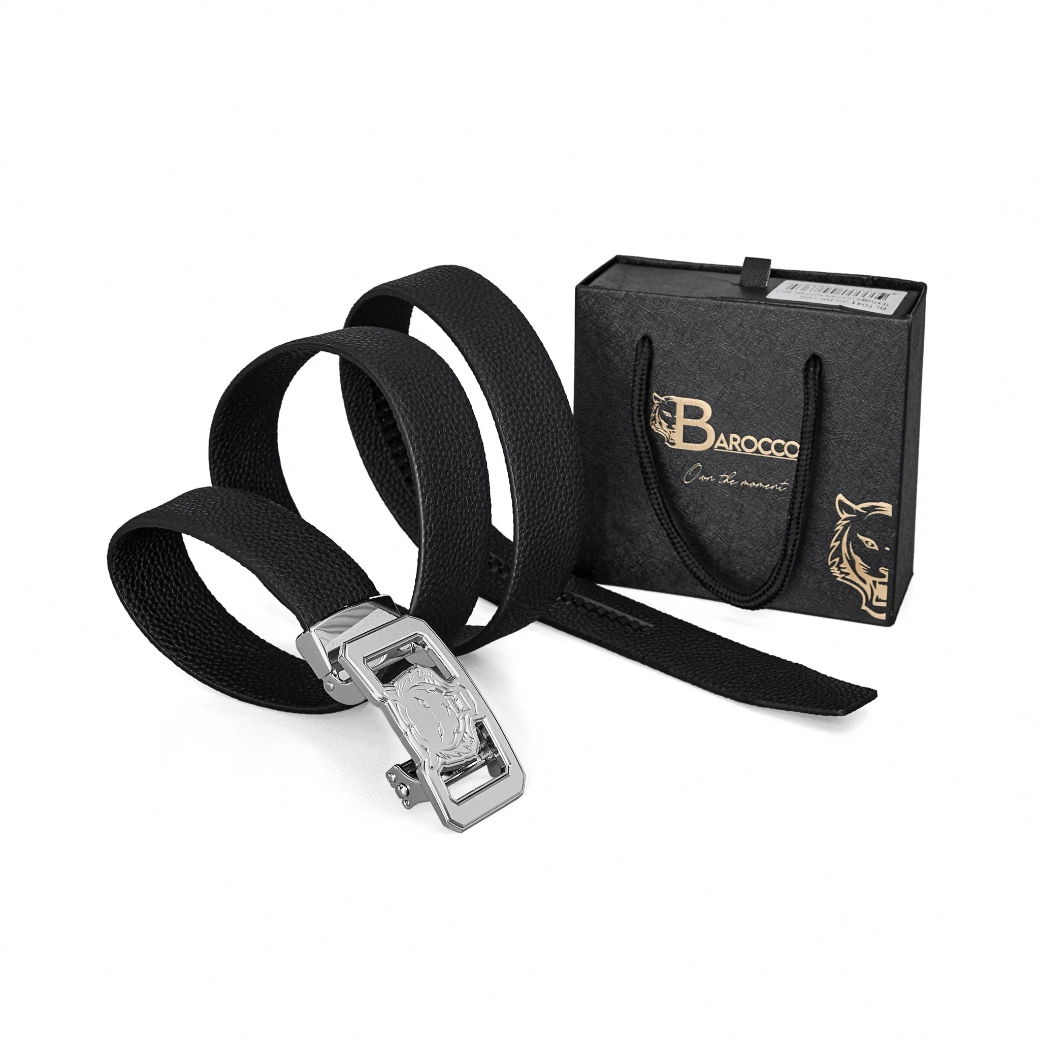 Pebbled Leather Lion Auto BKL Belt – Silver Ed. SILVER/BLACK - Image 7