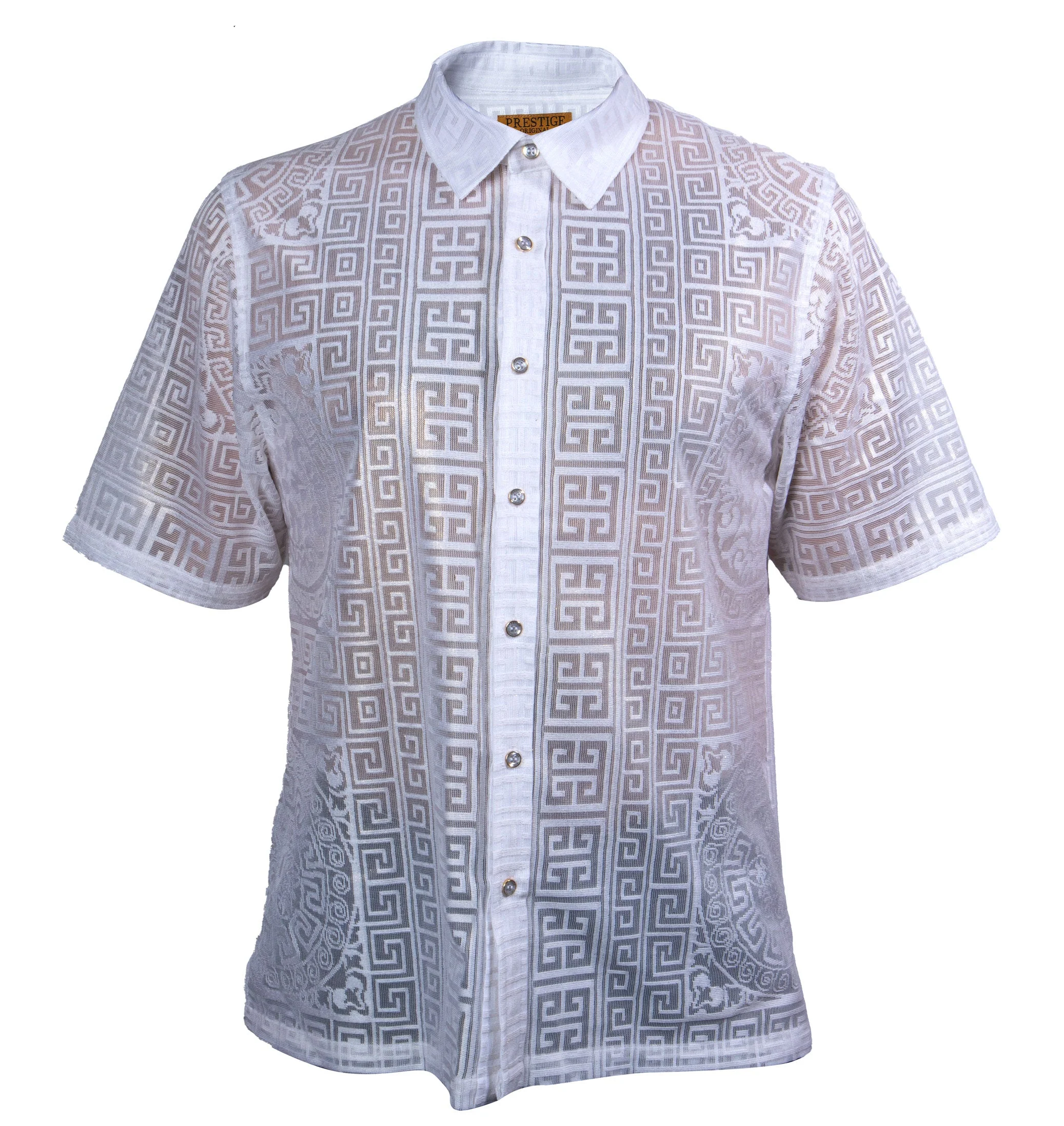 Prestige White & Gold Greek Key Lace Button-Up Shirt