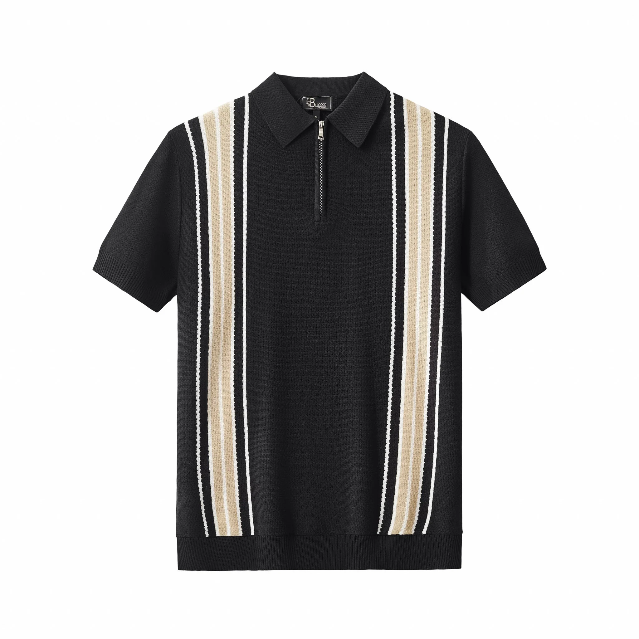 Retro Stripe Zip Knit Polo BLACK/KHAKI