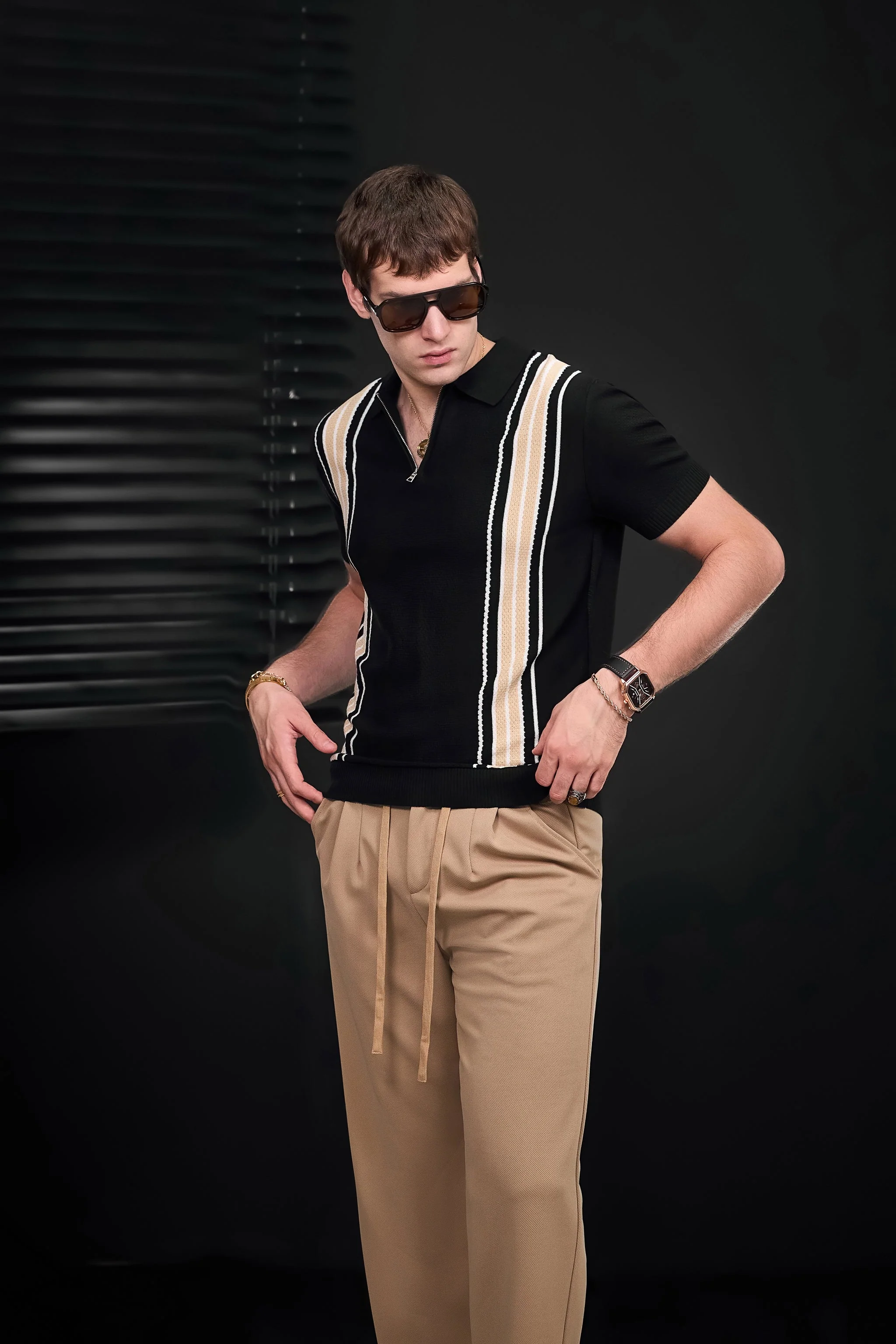 Retro Stripe Zip Knit Polo BLACK/KHAKI - Image 10