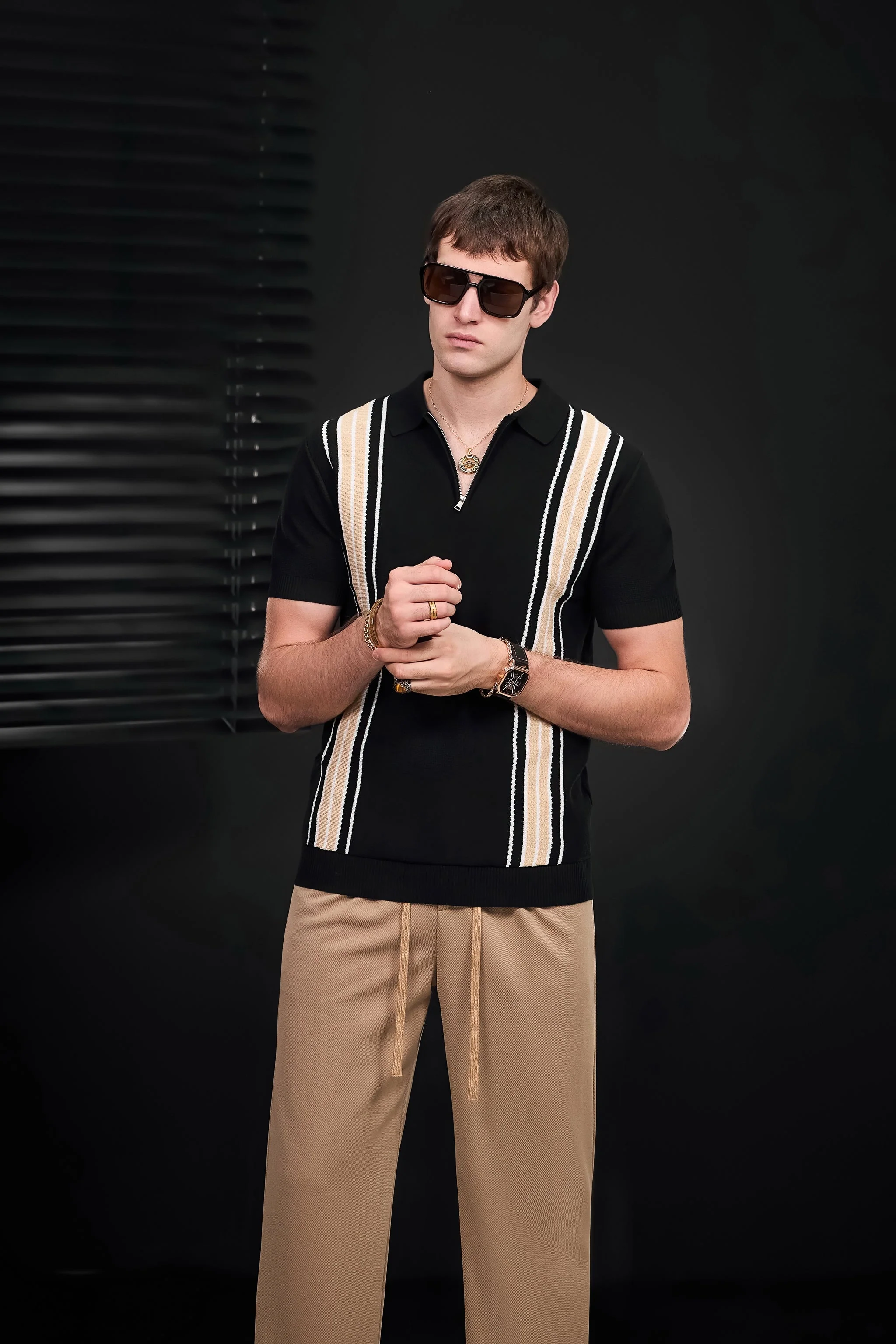 Retro Stripe Zip Knit Polo BLACK/KHAKI - Image 13