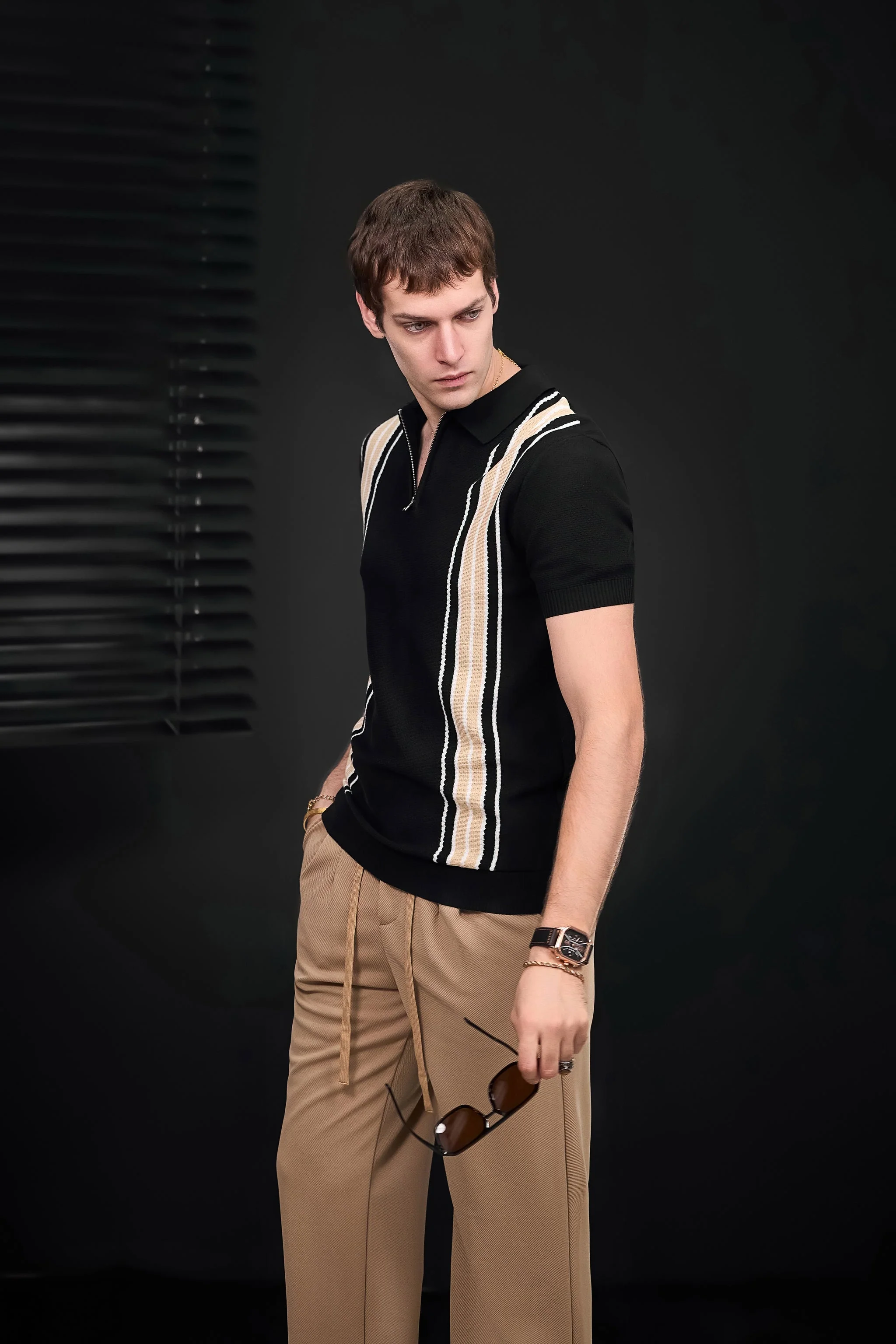 Retro Stripe Zip Knit Polo BLACK/KHAKI - Image 15