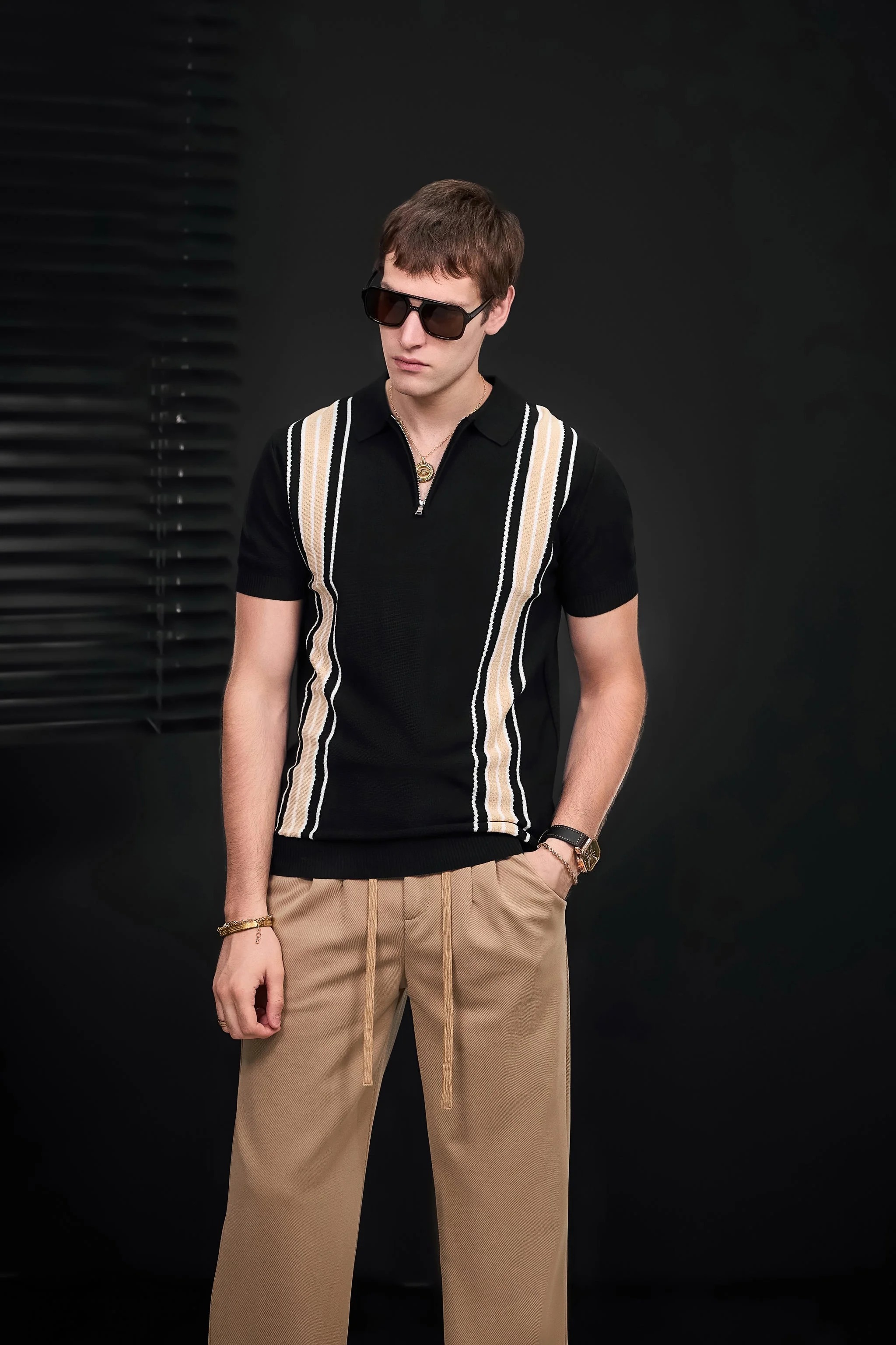 Retro Stripe Zip Knit Polo BLACK/KHAKI - Image 17