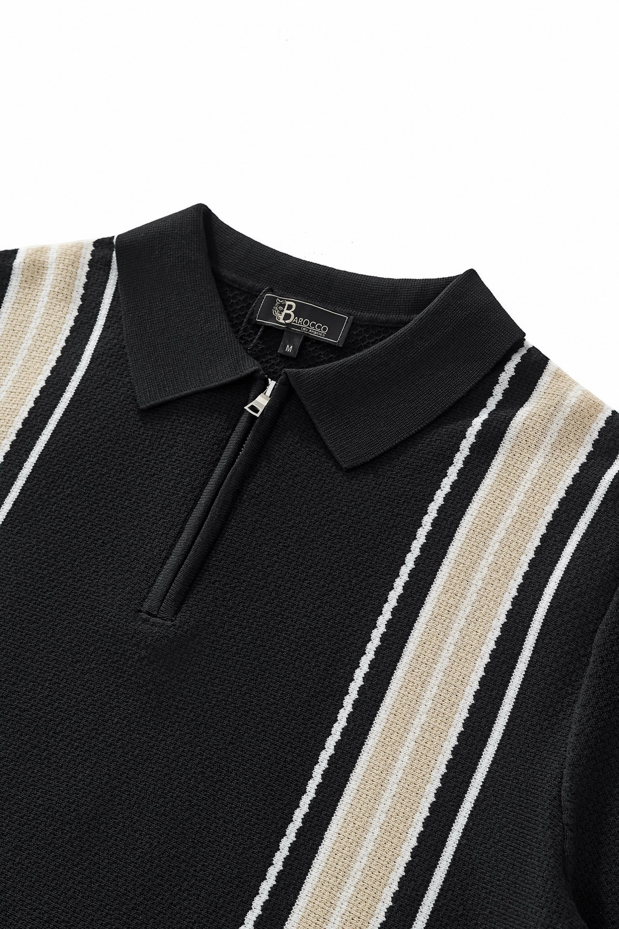 Retro Stripe Zip Knit Polo BLACK/KHAKI - Image 4