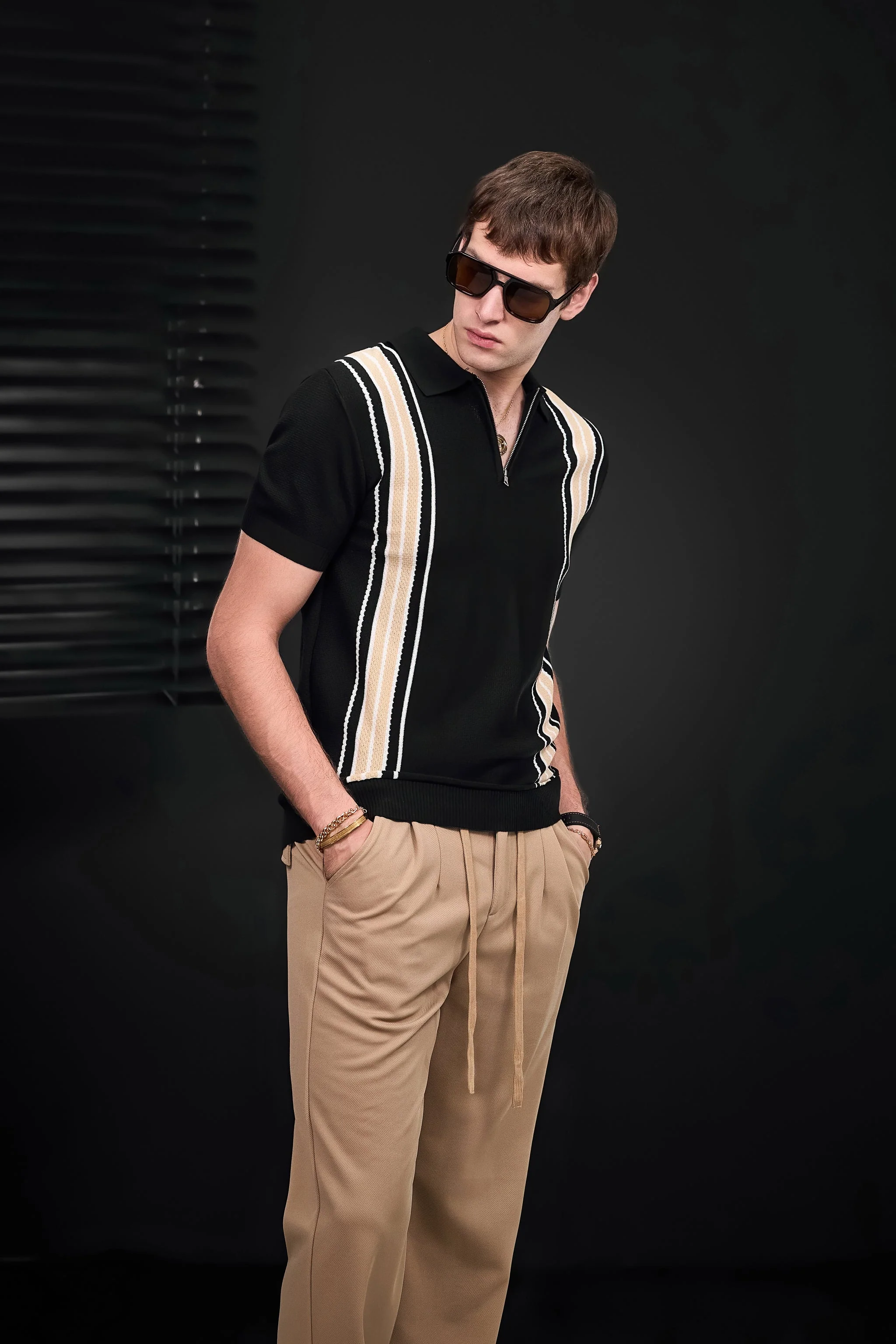 Retro Stripe Zip Knit Polo BLACK/KHAKI - Image 9