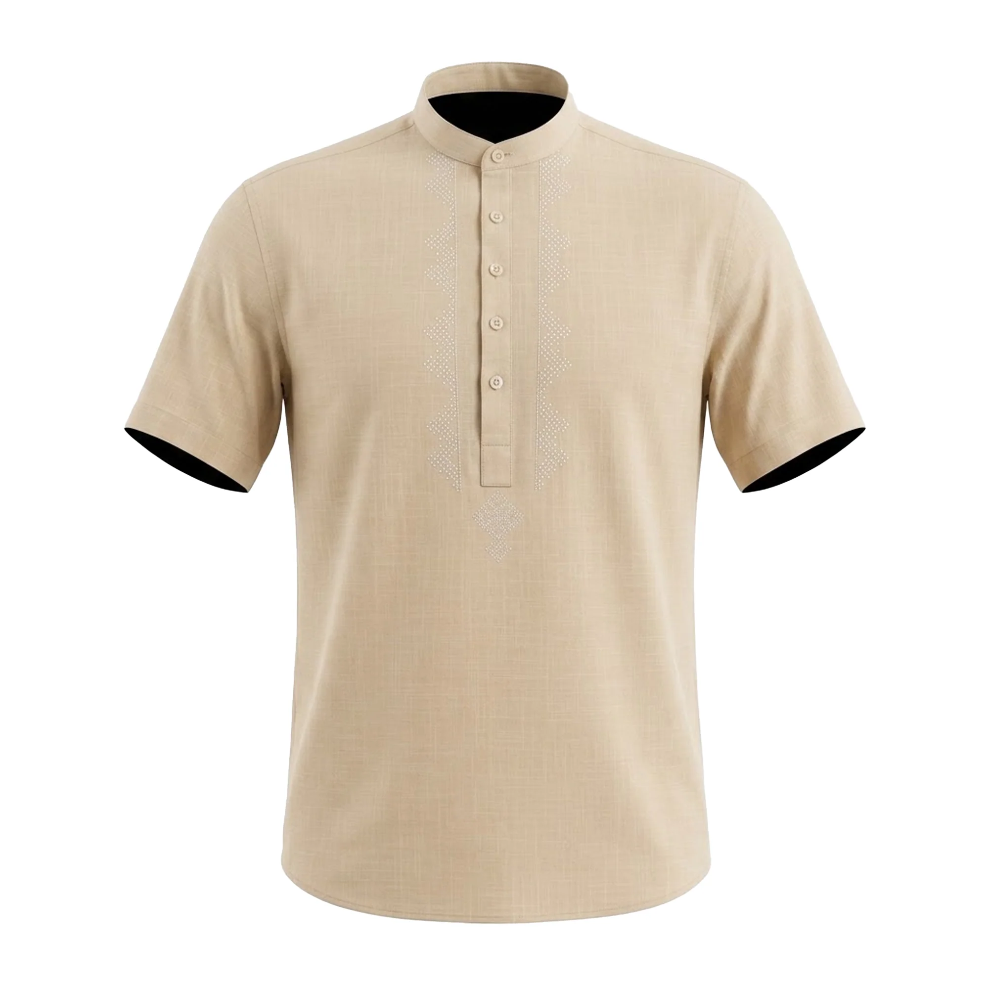 Rivelli Men's Beige Modern Fit Embroidered Grandad Collar Shirt