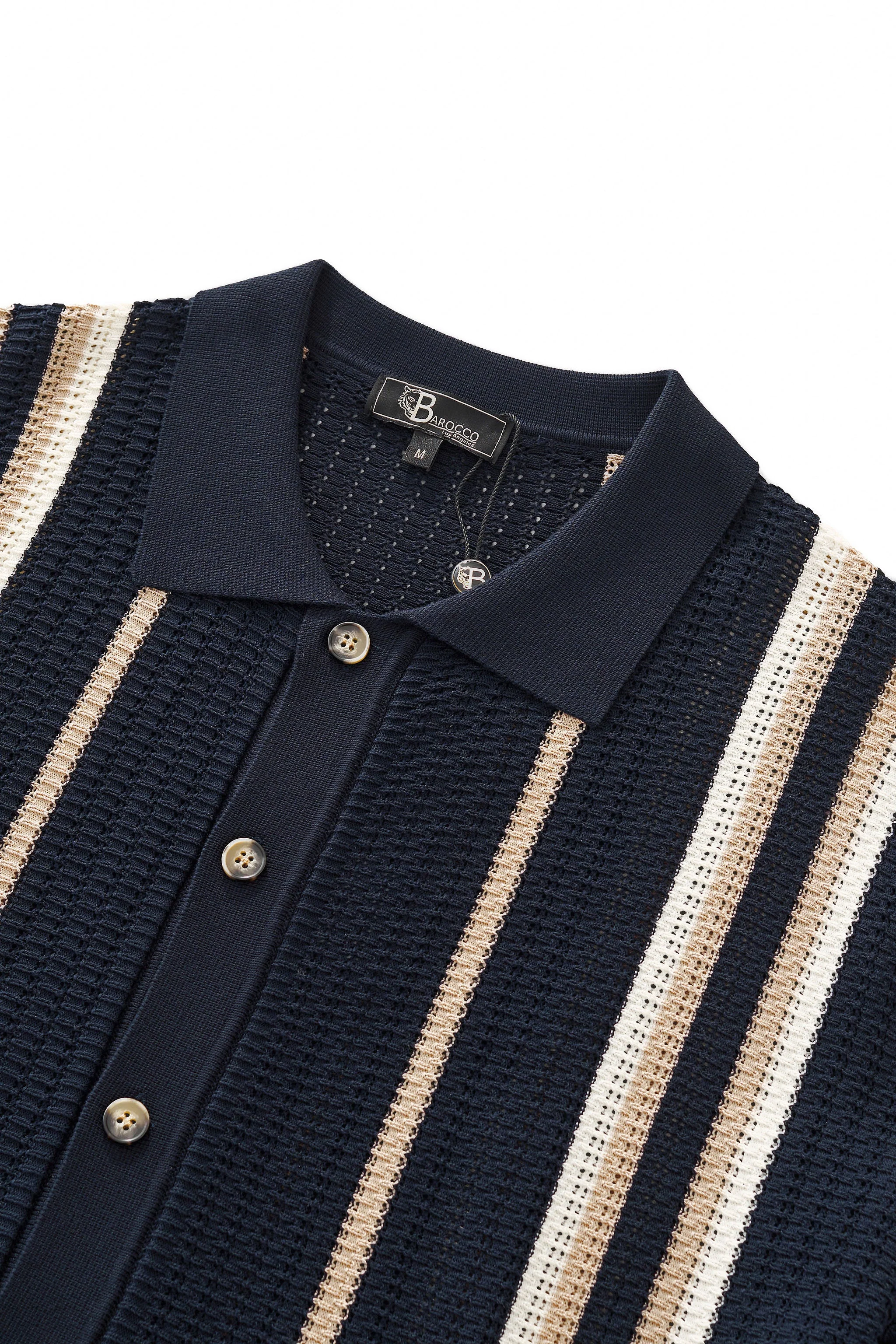 Riviera Stripe Mesh Knit SS Shirt NAVY - Image 4