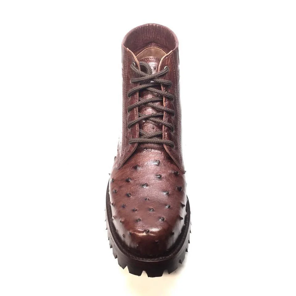 Safari Chocolate Ostrich Quill Combat Ankle Boots - Image 4