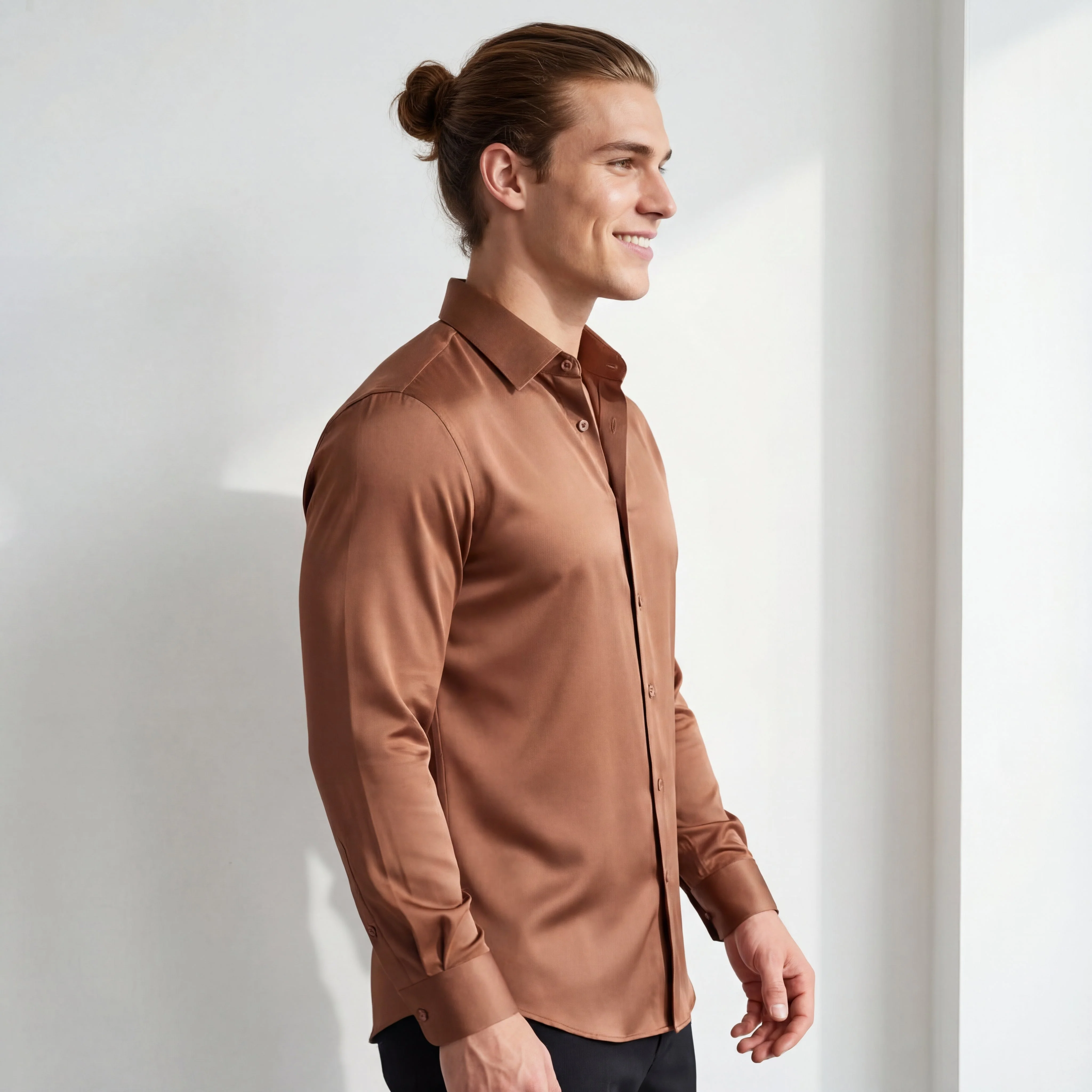 SIGNATURE SATIN STITCHLESS LS Shirt COFFEE - Image 3